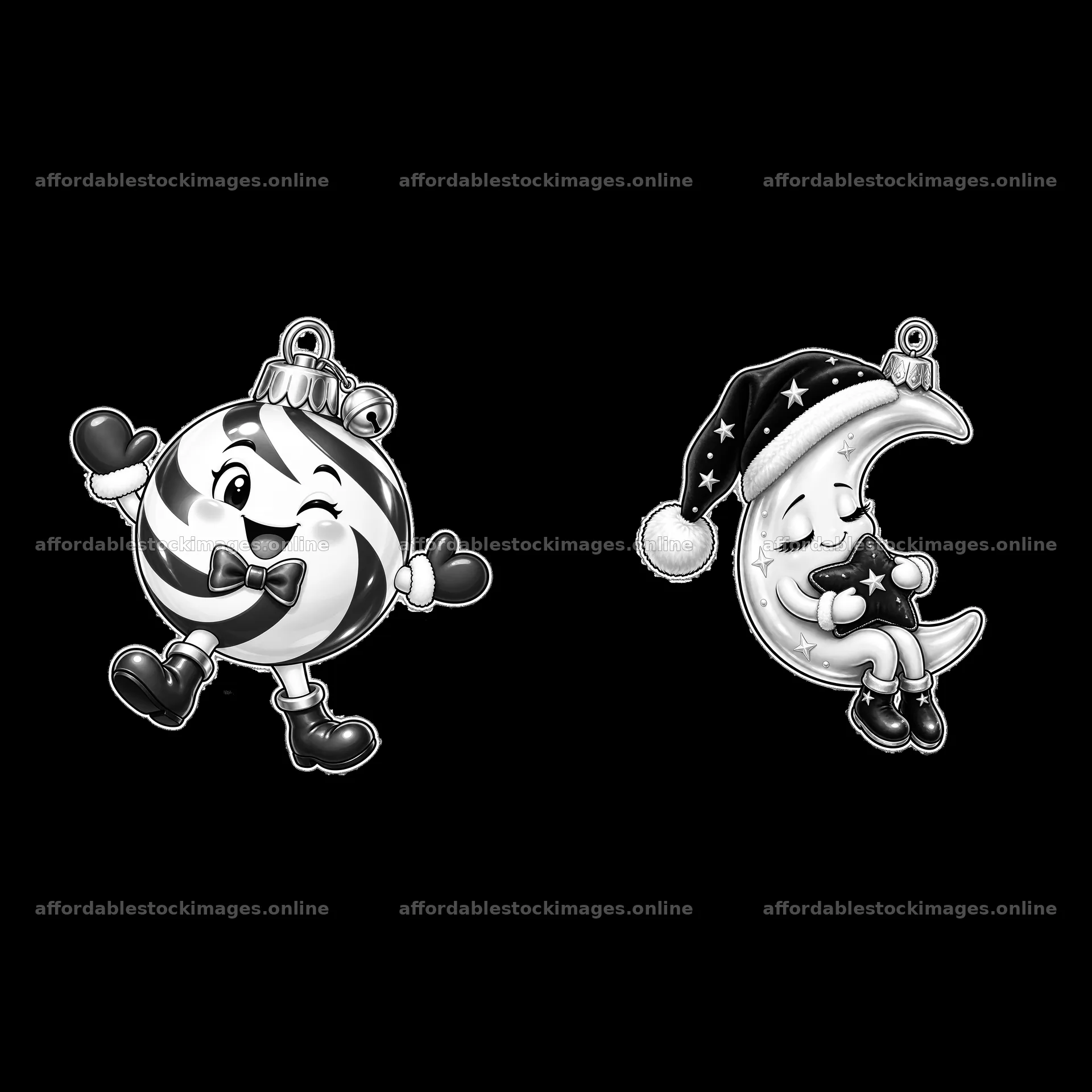 Christmas ornament stickers of a candy and a sleeping moon – stock images 7746x7746