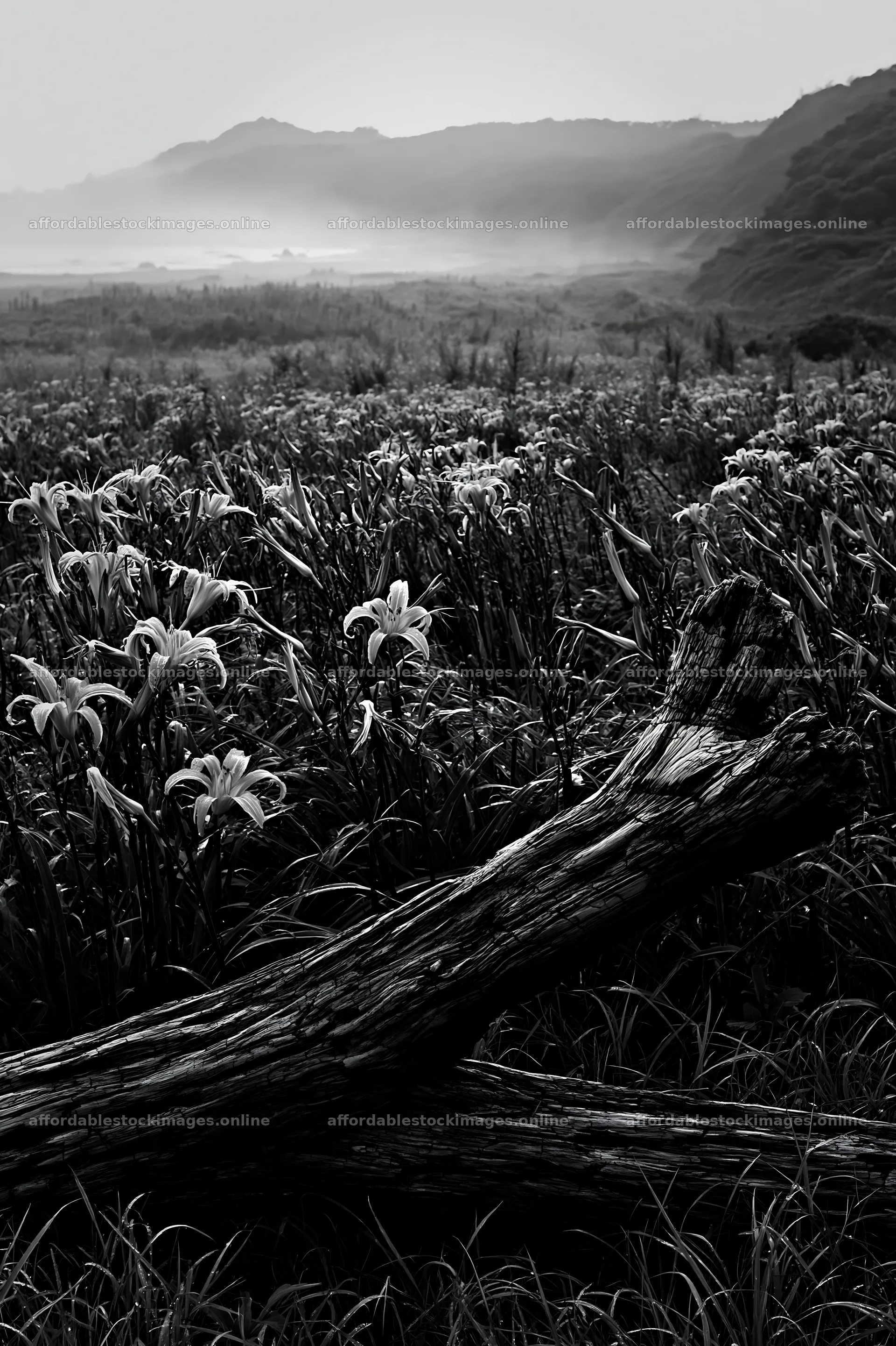 Chiba coastal climate meadow with driftwood and flowers – stock images 6480x9722