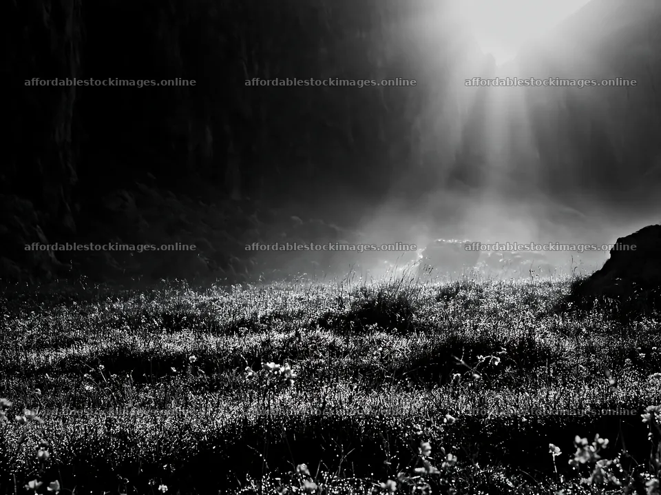 Meadow beneath crags with sunlight illuminating the landscape – stock images 9174x6866