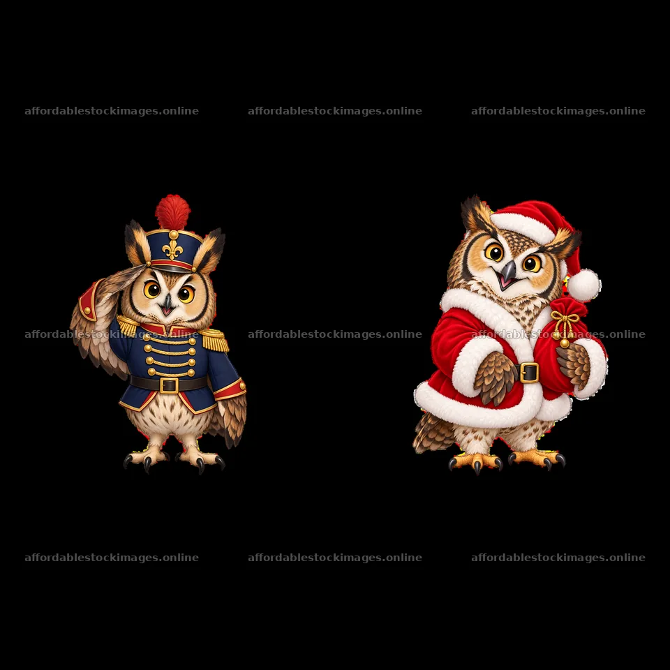 Christmas owls in festive attire with accessories – stock images 7746x7746