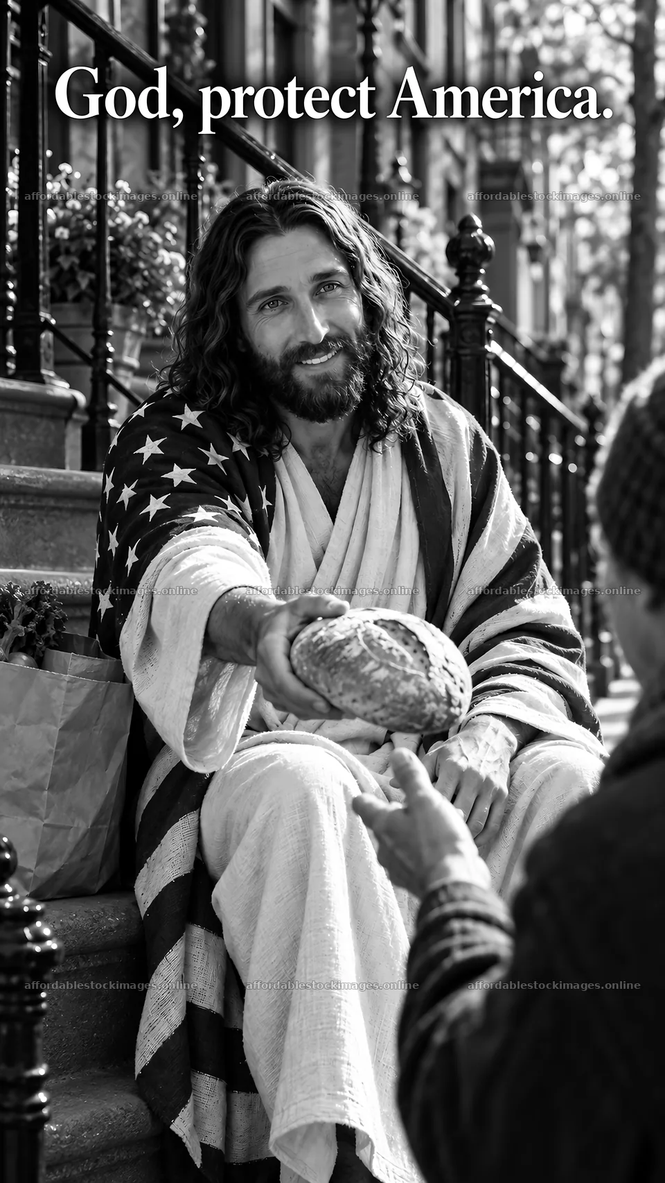 Jesus Christ sharing bread with a person in need – stock images 5811x10326