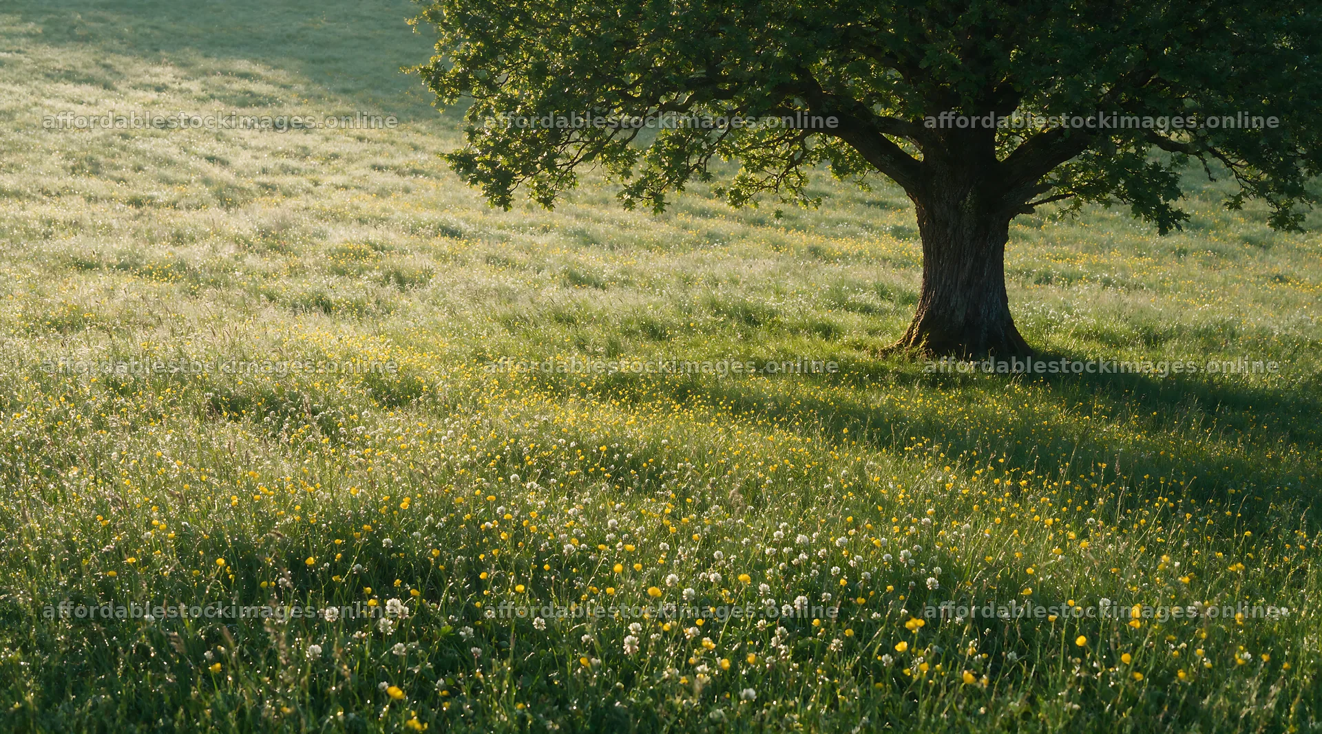 Dewy meadow with lone tree and wildflowers in morning light – stock images 10648x5916