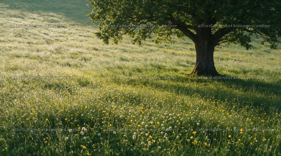 Dewy meadow with lone tree and wildflowers in morning light – stock images 10648x5916