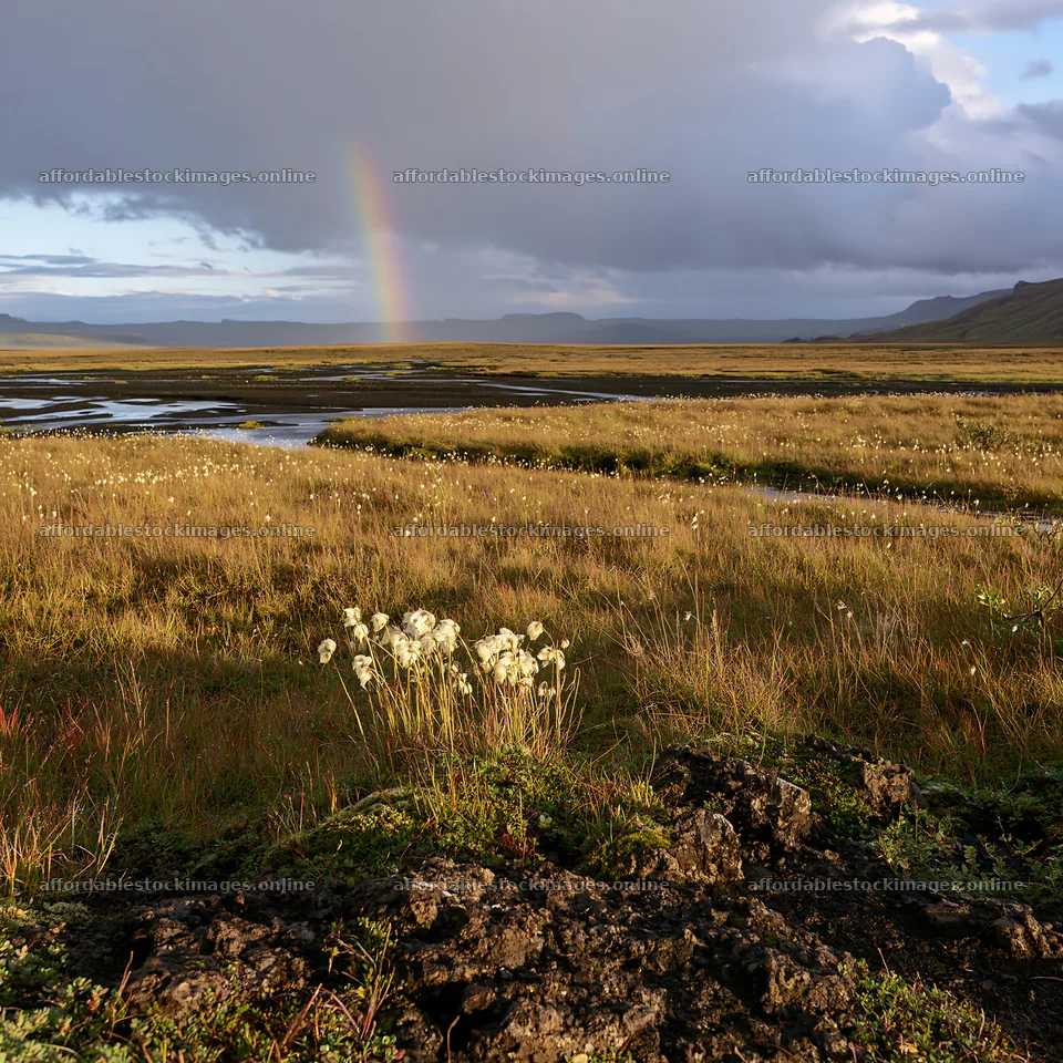 Cottongrass meadow with rainbow in a landscape – stock images 7938x7938