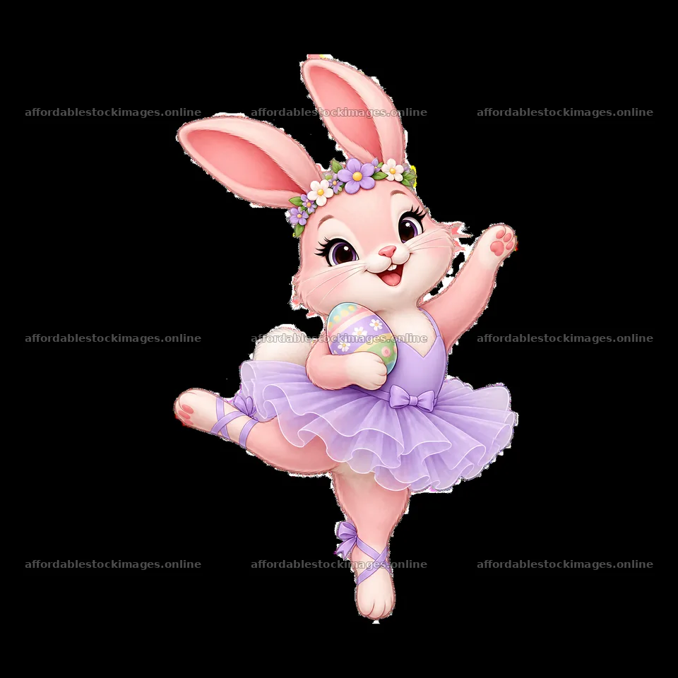 Bunny dancer holding an Easter egg in a purple tutu – stock images 7746x7746
