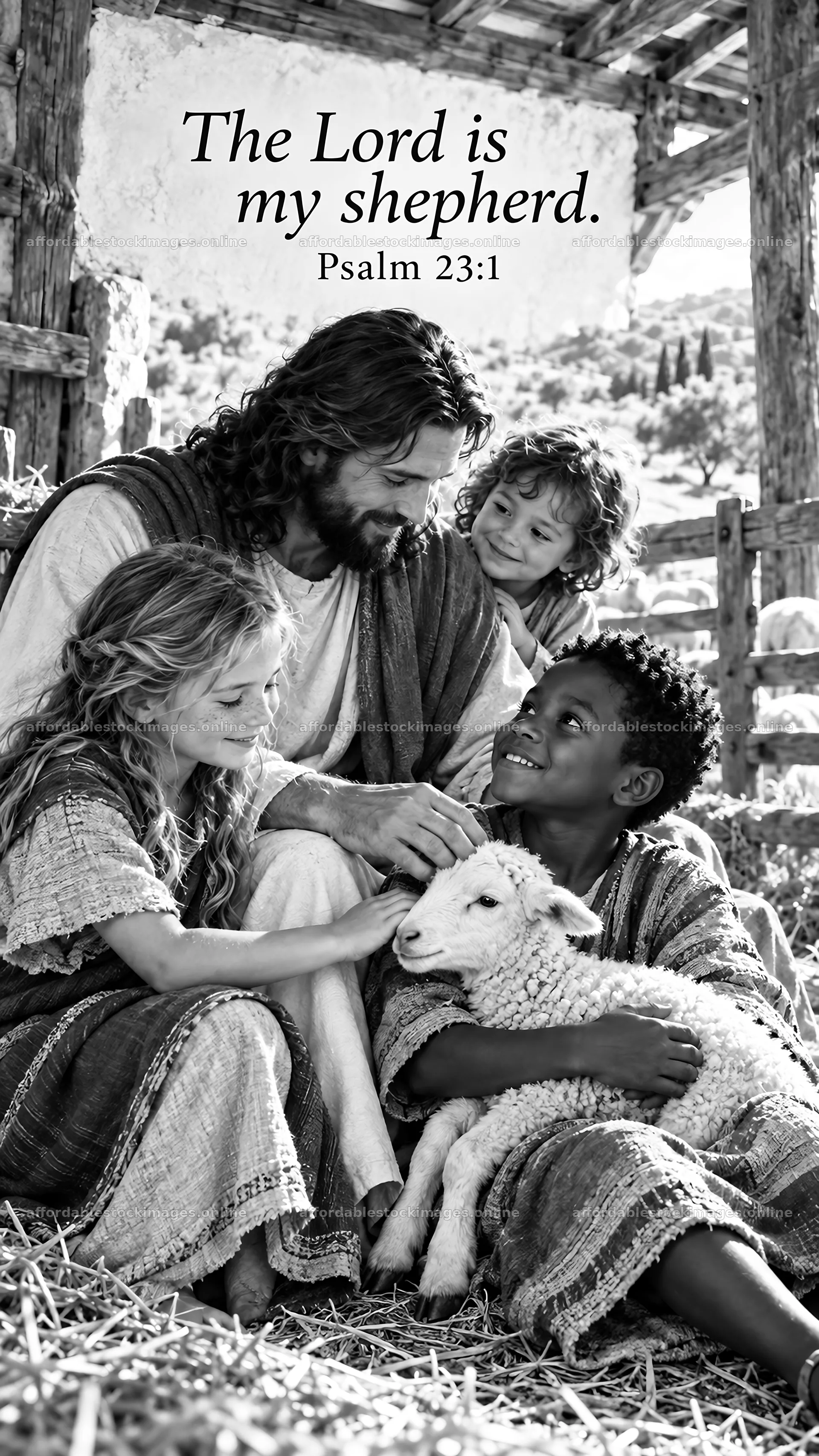 Jesus Christ with children and a lamb in a pastoral setting – stock images 5811x10326