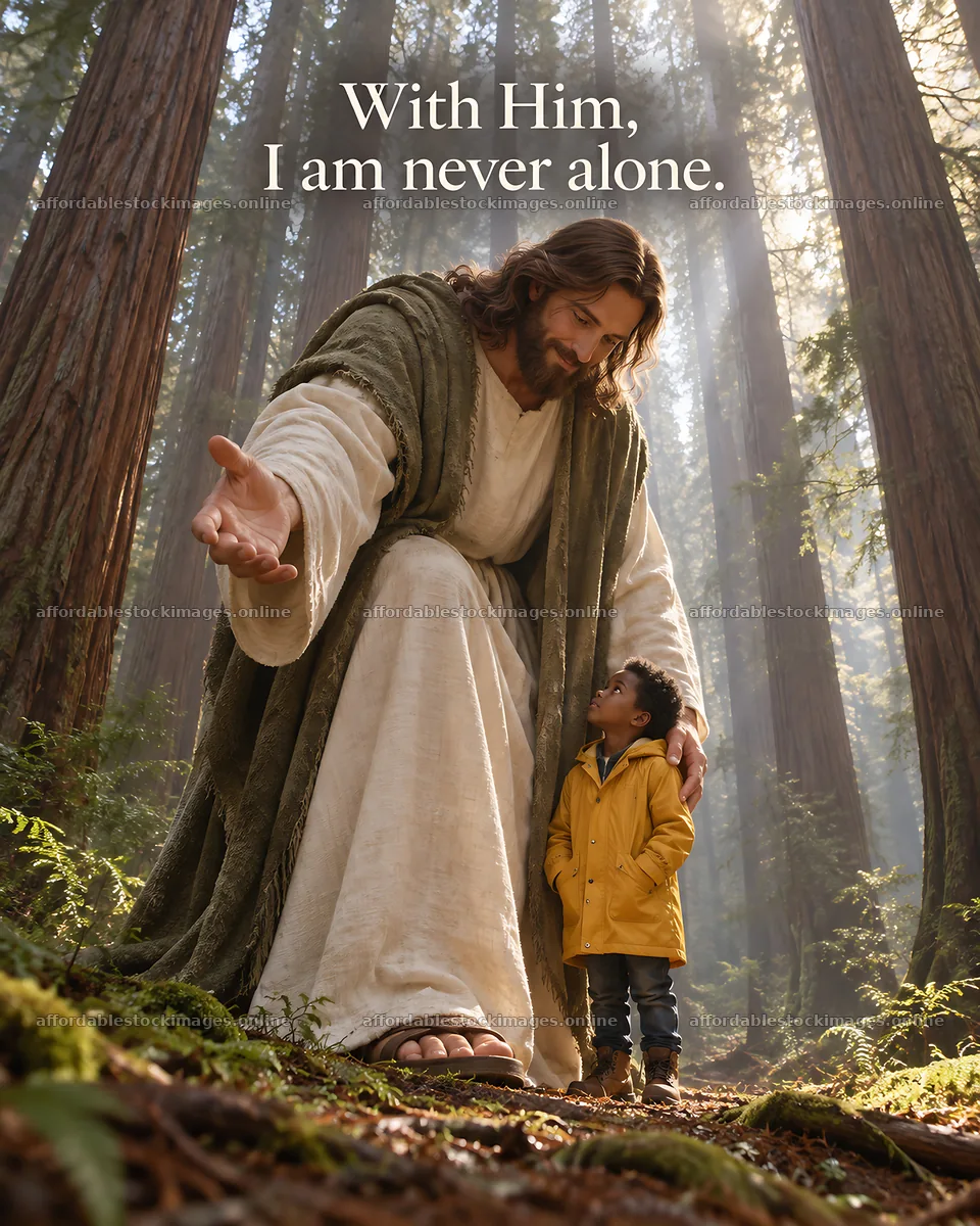 Jesus Christ comforting a child in a forest – stock images 6930x8659