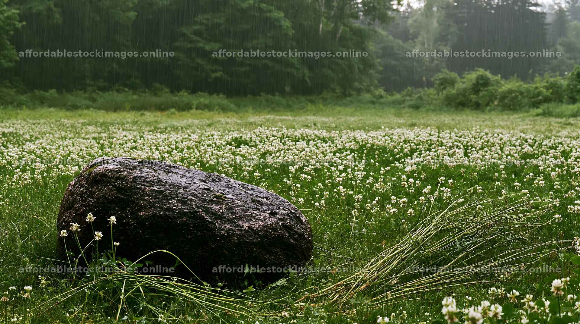 Nagano drought resilient meadow granite boulder in rainy weather – stock images 10608x5938