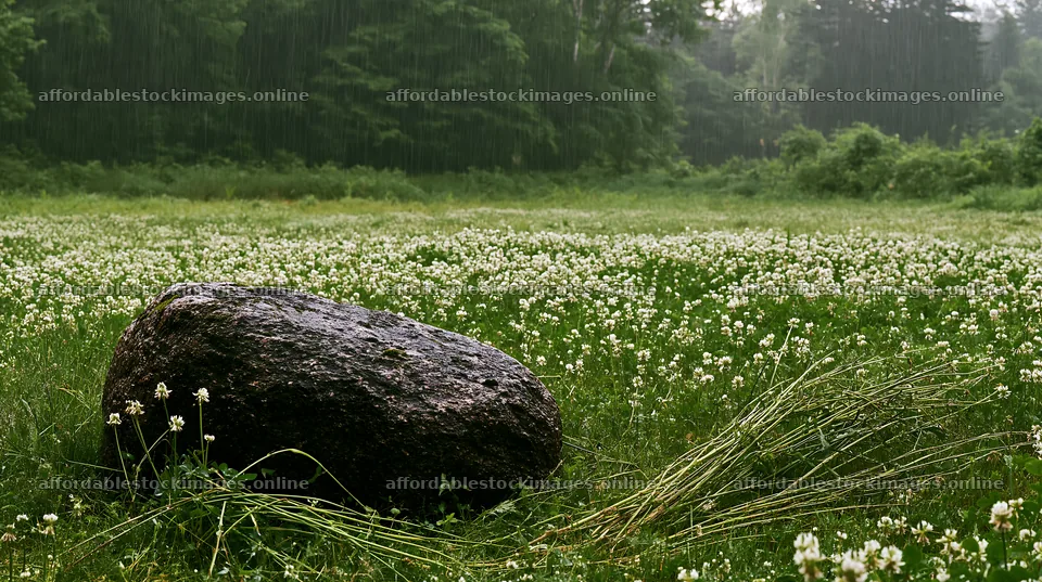 Nagano drought resilient meadow granite boulder in rainy weather – stock images 10608x5938