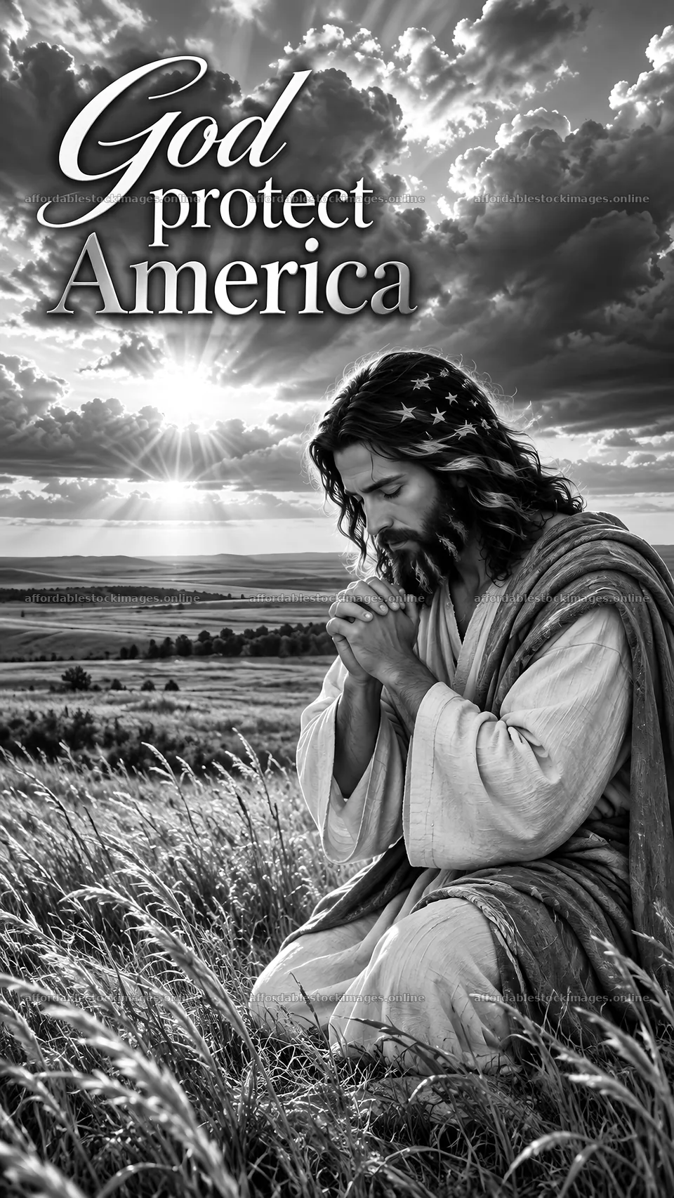 Jesus Christ praying for America in a serene landscape – stock images 5811x10326