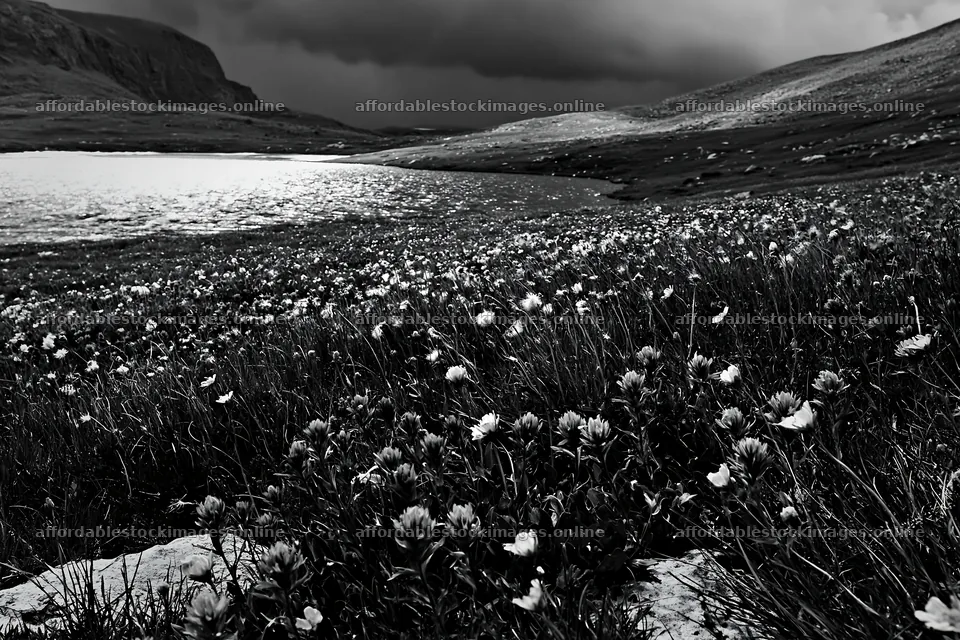 Frozen tarn meadow with flowers in dark atmosphere – stock images 9722x6480