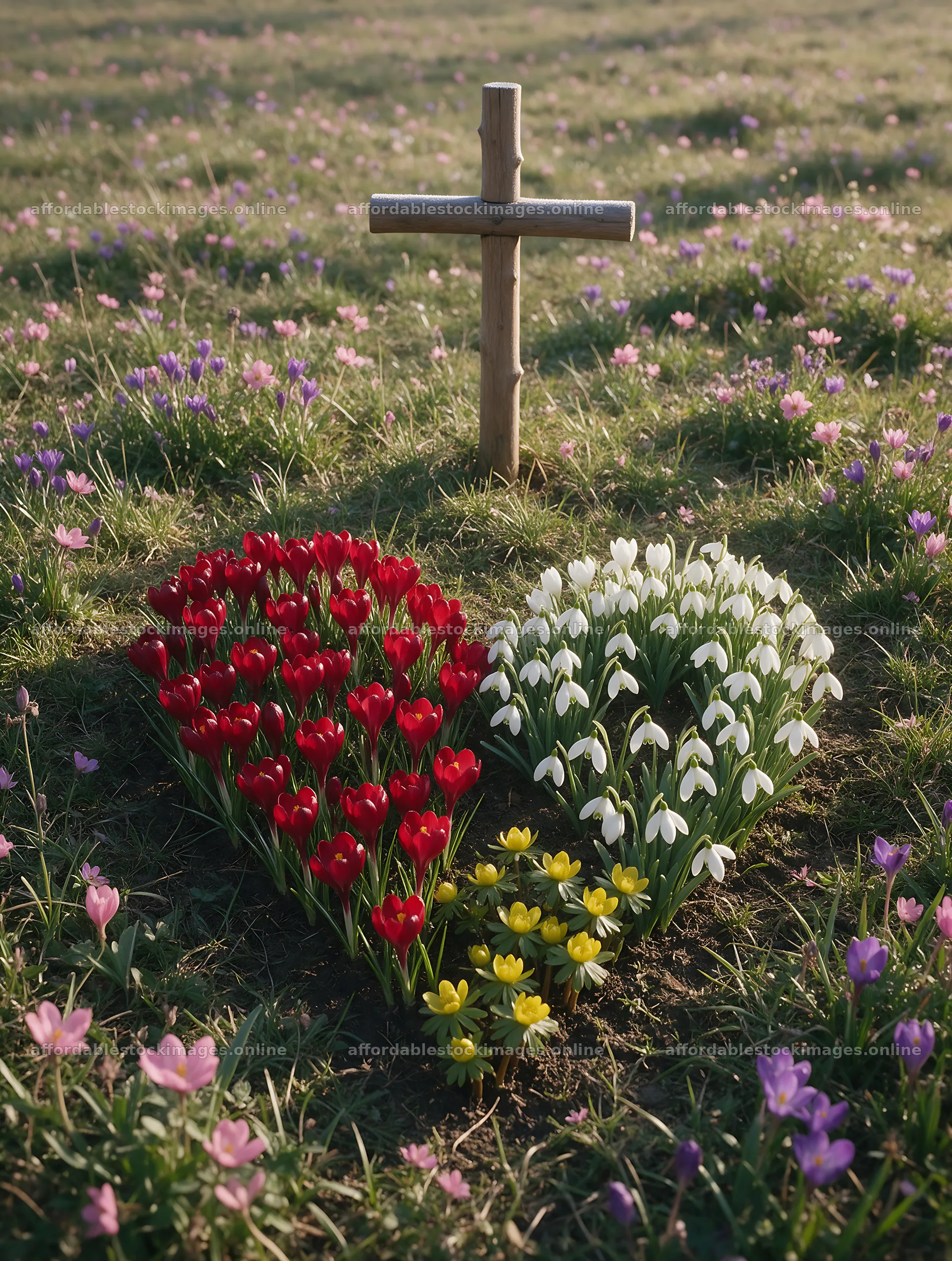 Christian cross in winter meadow with flowers and light rays – stock images 6898x9134