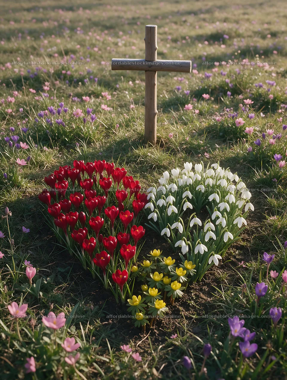 Christian cross in winter meadow with flowers and light rays – stock images 6898x9134