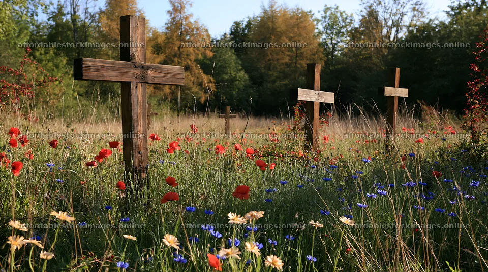 Wooden crosses in meadow with flowers during daytime – stock images 10608x5938