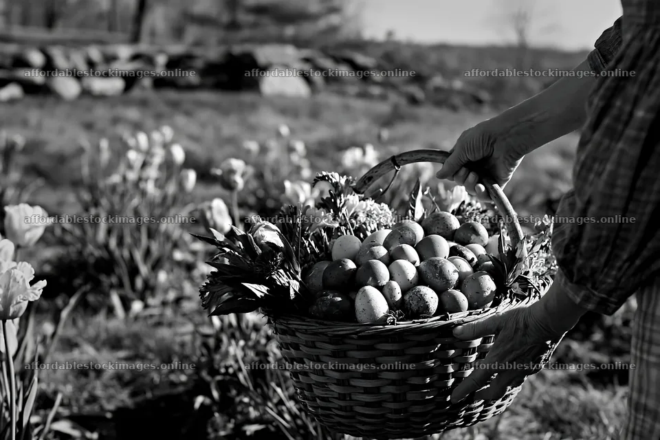 Springtime basket in a meadow with flowers and eggs – stock images 9722x6480