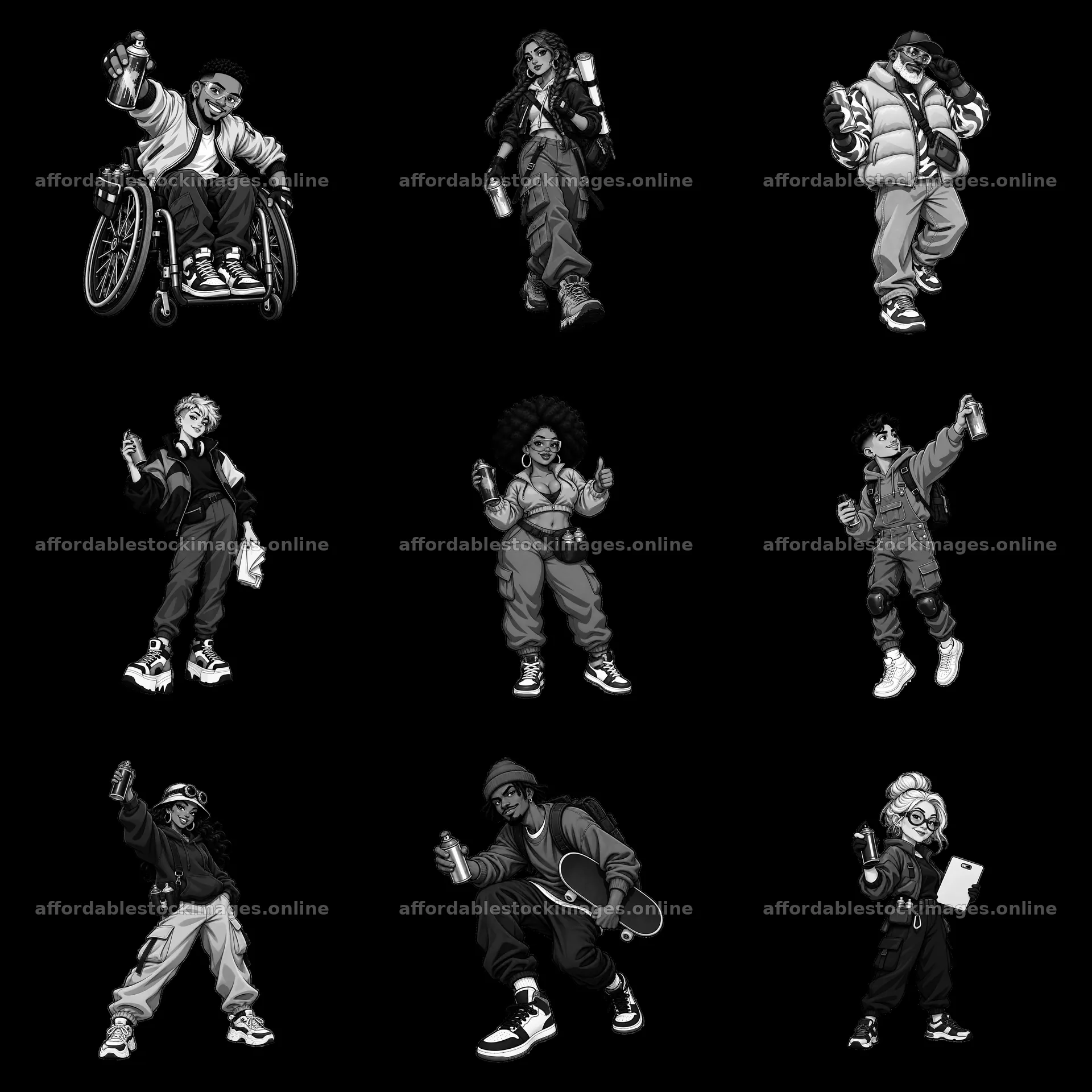 Cartoon characters in streetwear with spray cans on urban scene – stock images 7746x7746
