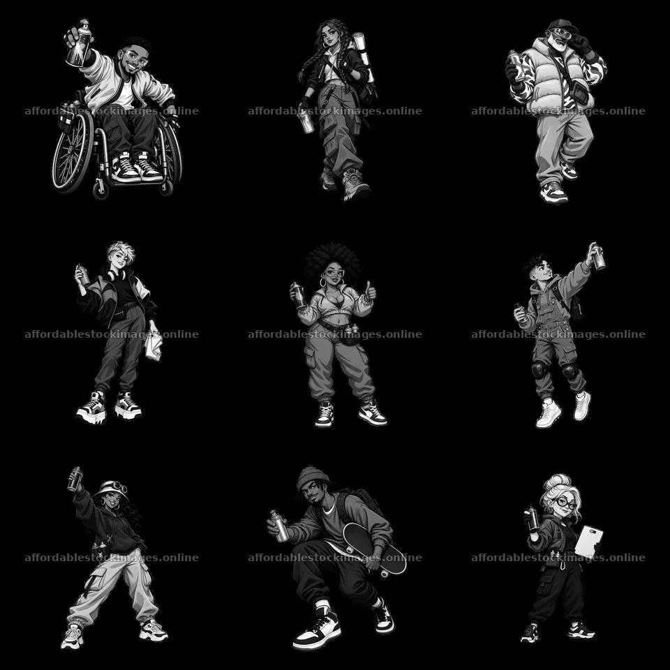 Cartoon characters in streetwear with spray cans on urban scene – stock images 7746x7746