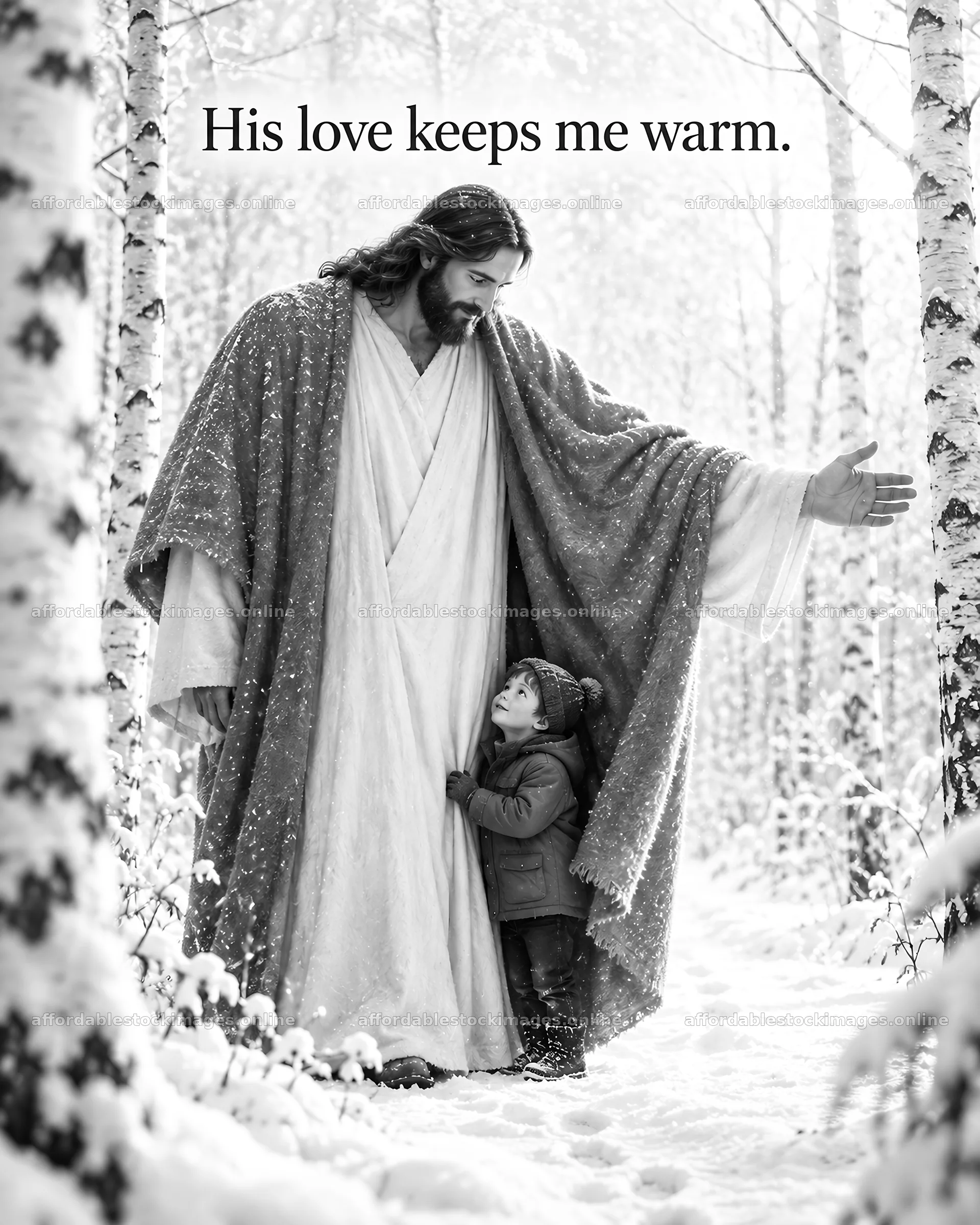 Jesus Christ comforting a child in a snowy forest – stock images 6930x8659