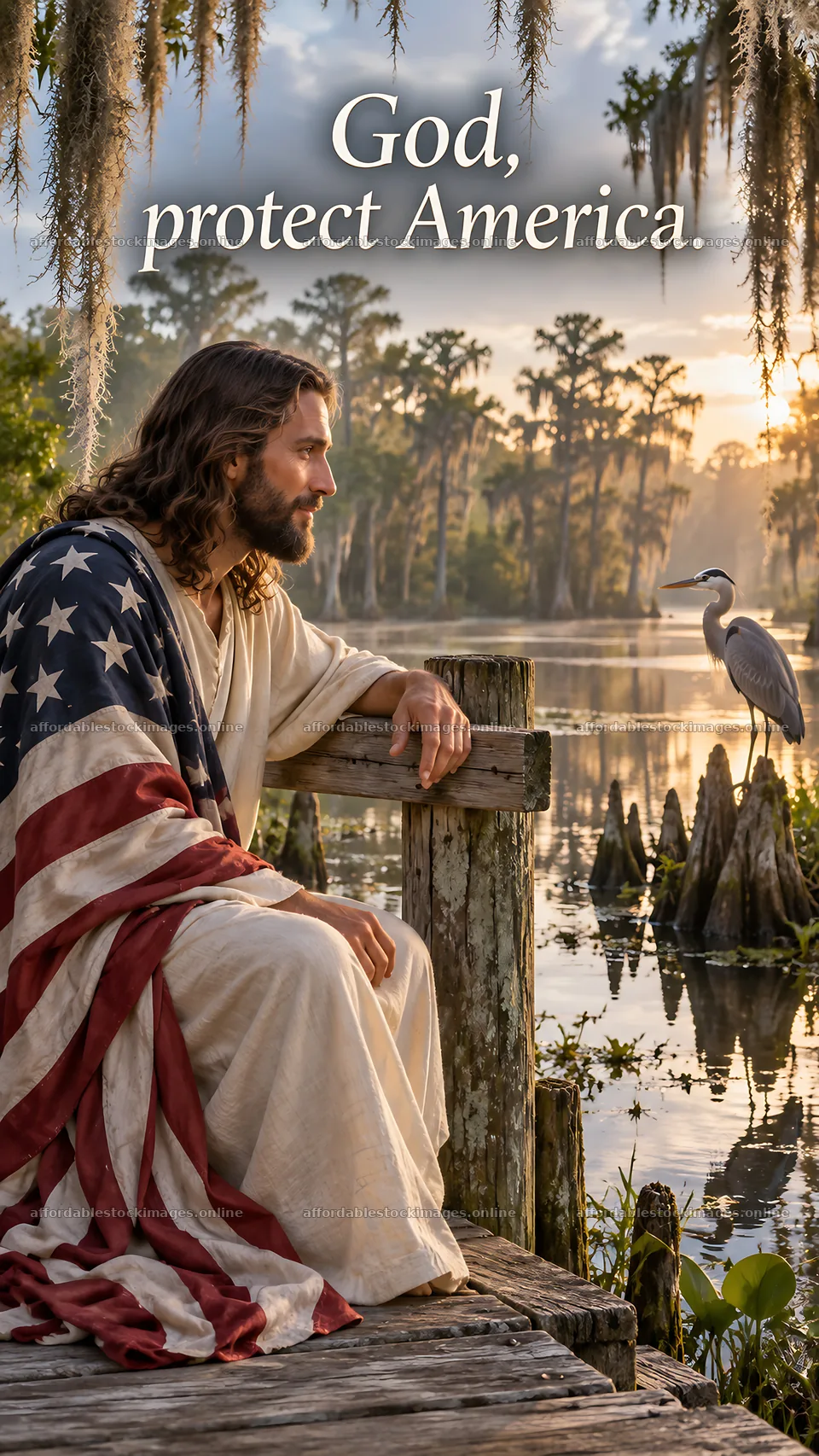 Jesus Christ sitting by water with American flag – stock images 5811x10326