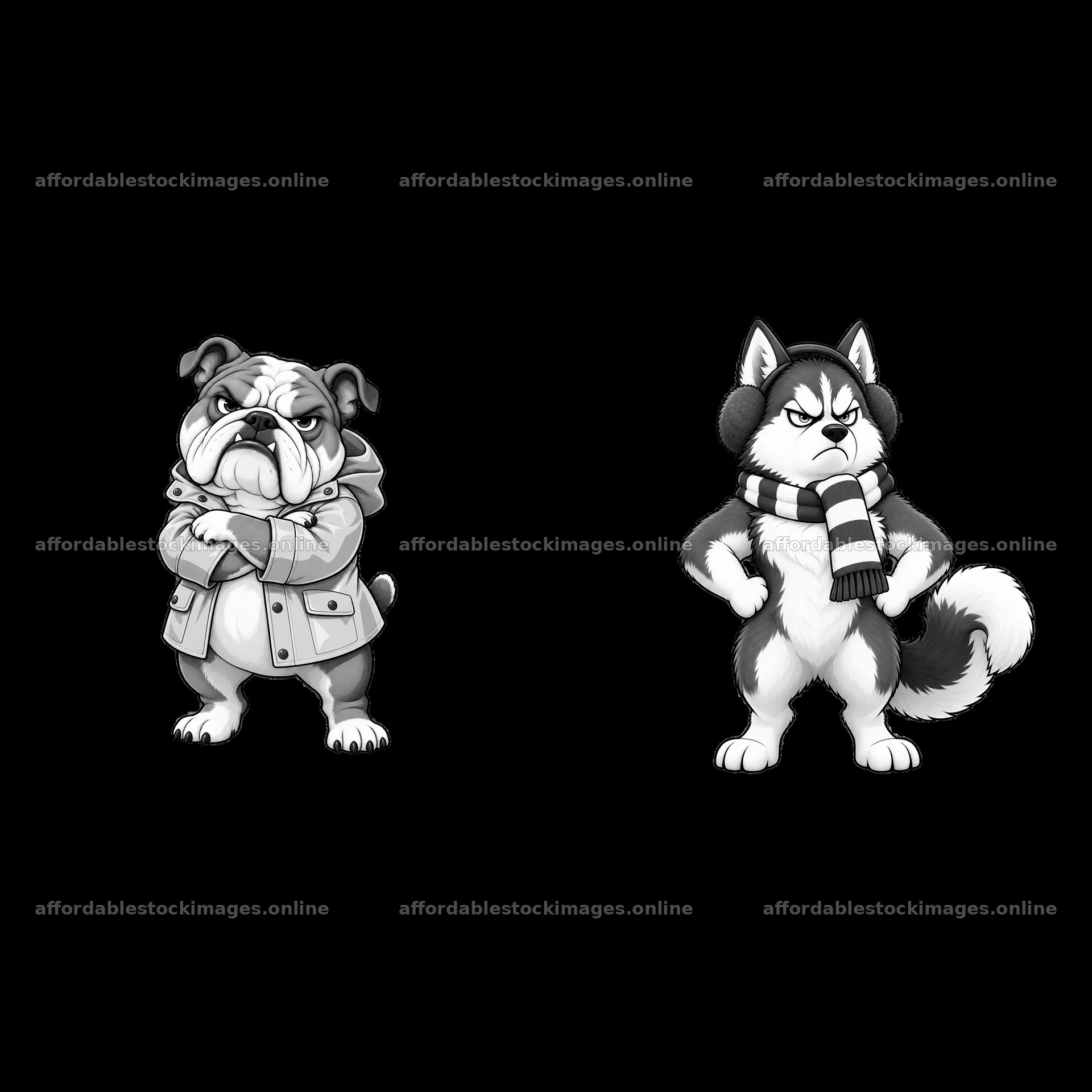 Grumpy dog and husky in winter attire with expressions – stock images 7746x7746