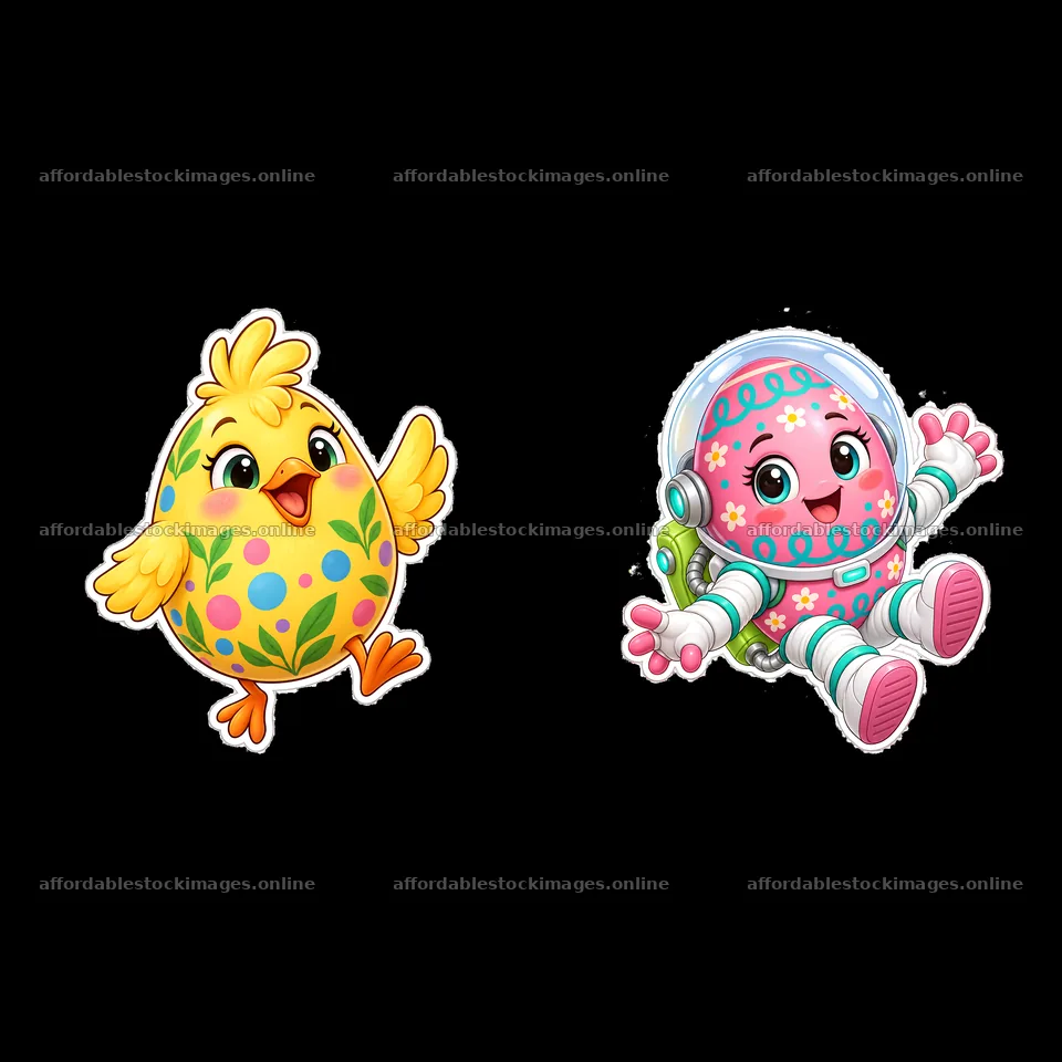 Colorful cartoon chicken and astronaut egg stickers for Easter – stock images 7746x7746