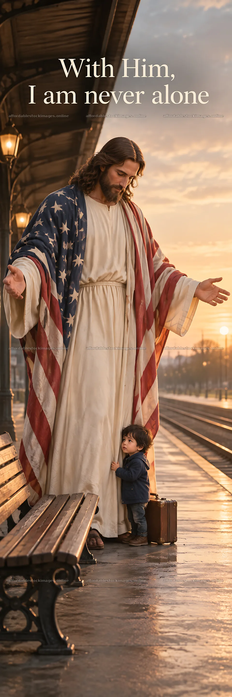 Jesus Christ welcomes a child at a train station – stock images 4472x13417
