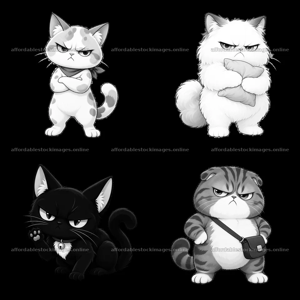 Kawaii grumpy cats in a playful 2x2 grid illustration – stock images 7746x7746