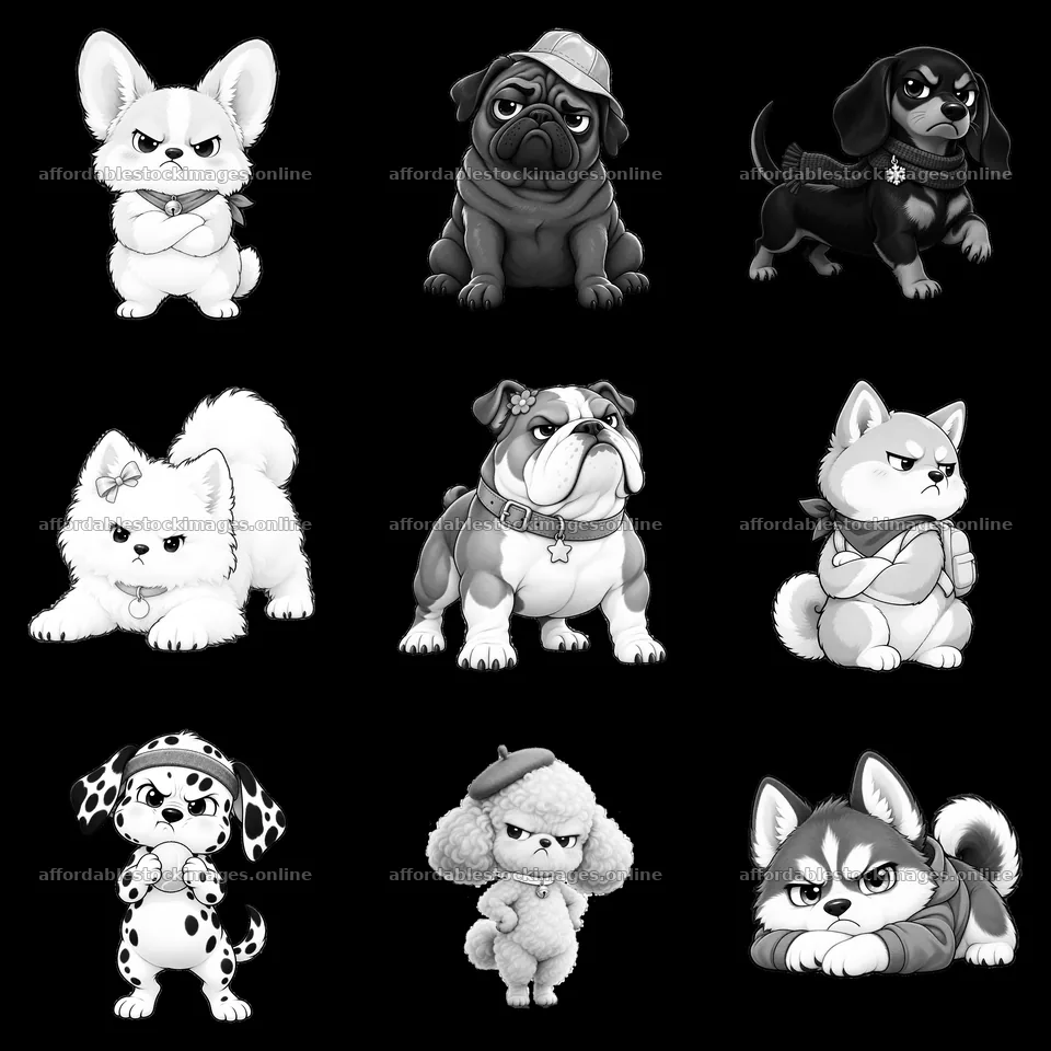 Kawaii grumpy dog sticker collection in 3x3 grid layout – stock images 7746x7746