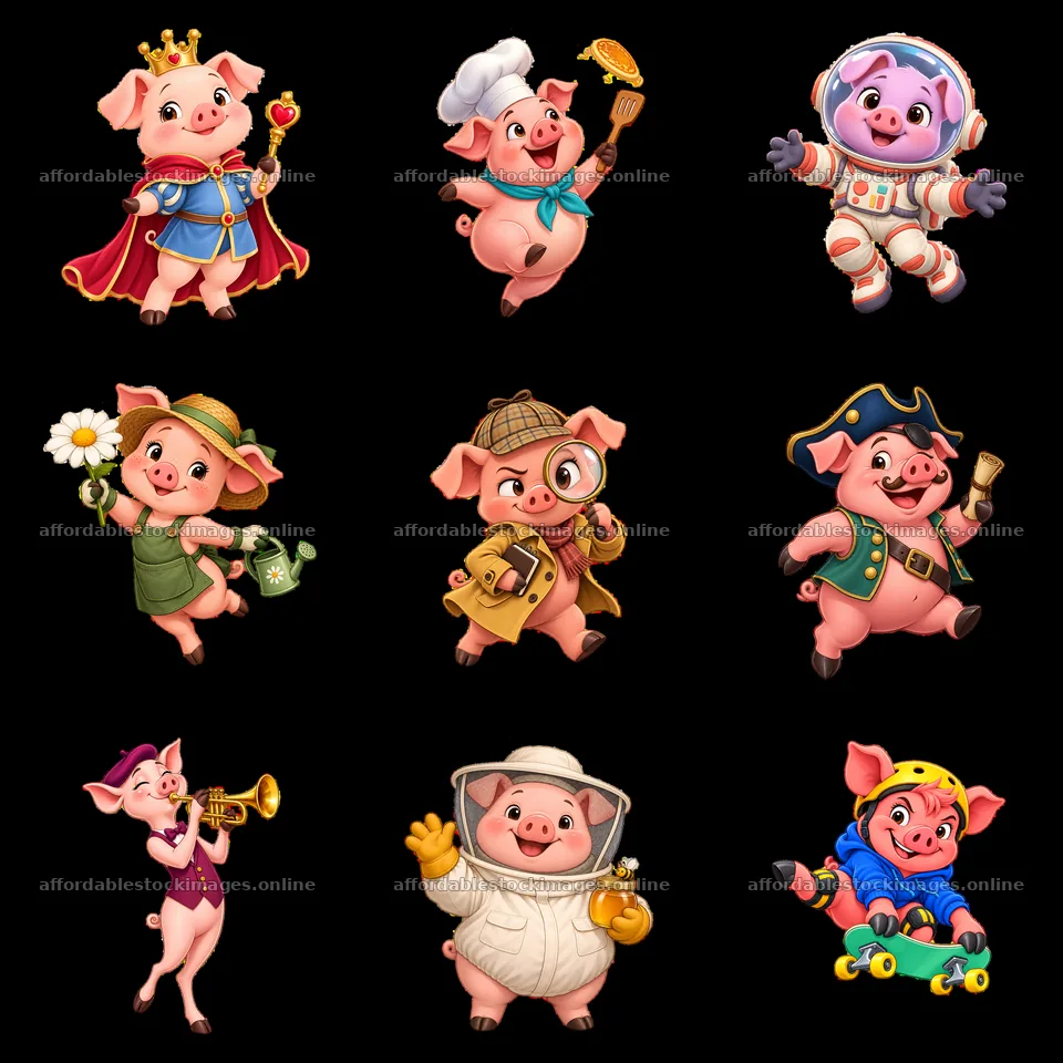 Nine playful cartoon pigs in various costumes and activities – stock images 7746x7746