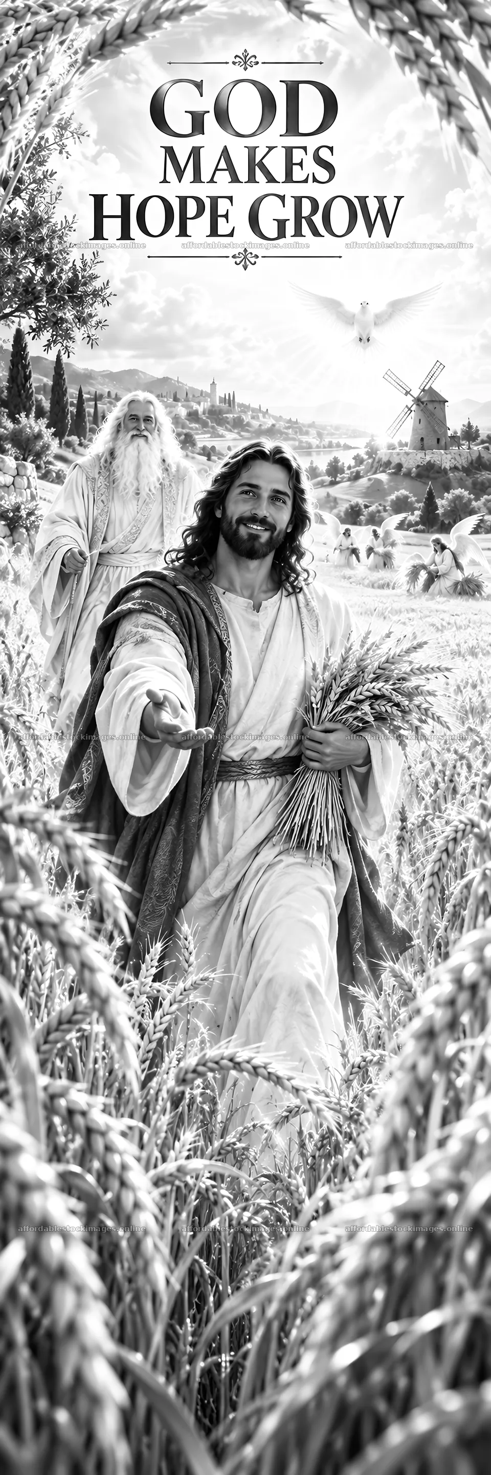 Jesus Christ walking in a wheat field with a welcoming gesture – stock images 4472x13417