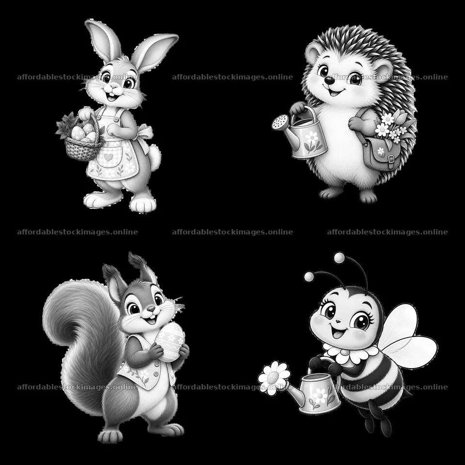 Four cartoon animals celebrate Easter in a meadow – stock images 7746x7746