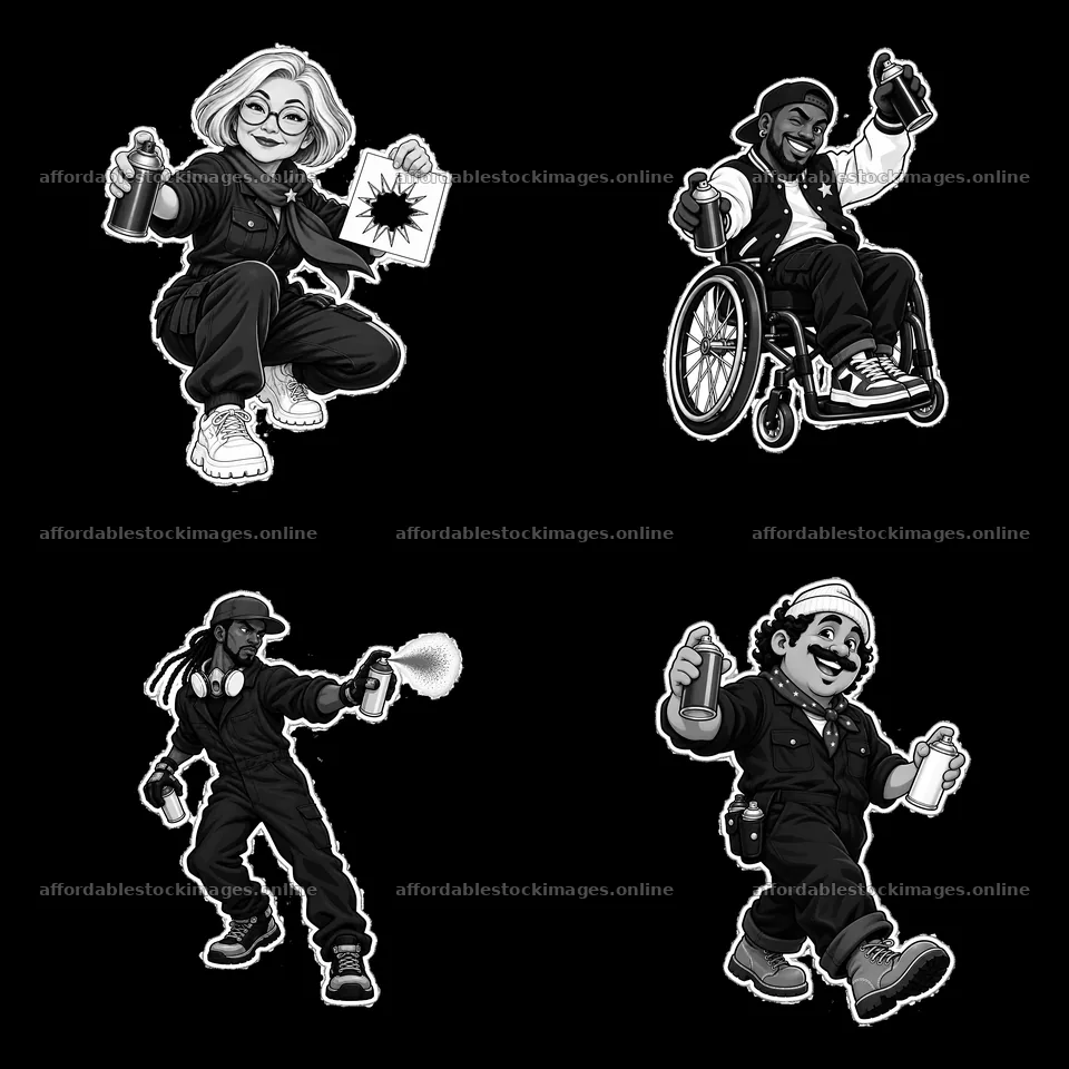 Patriotic graffiti sprayers in monochrome cartoon illustration – stock images 7746x7746