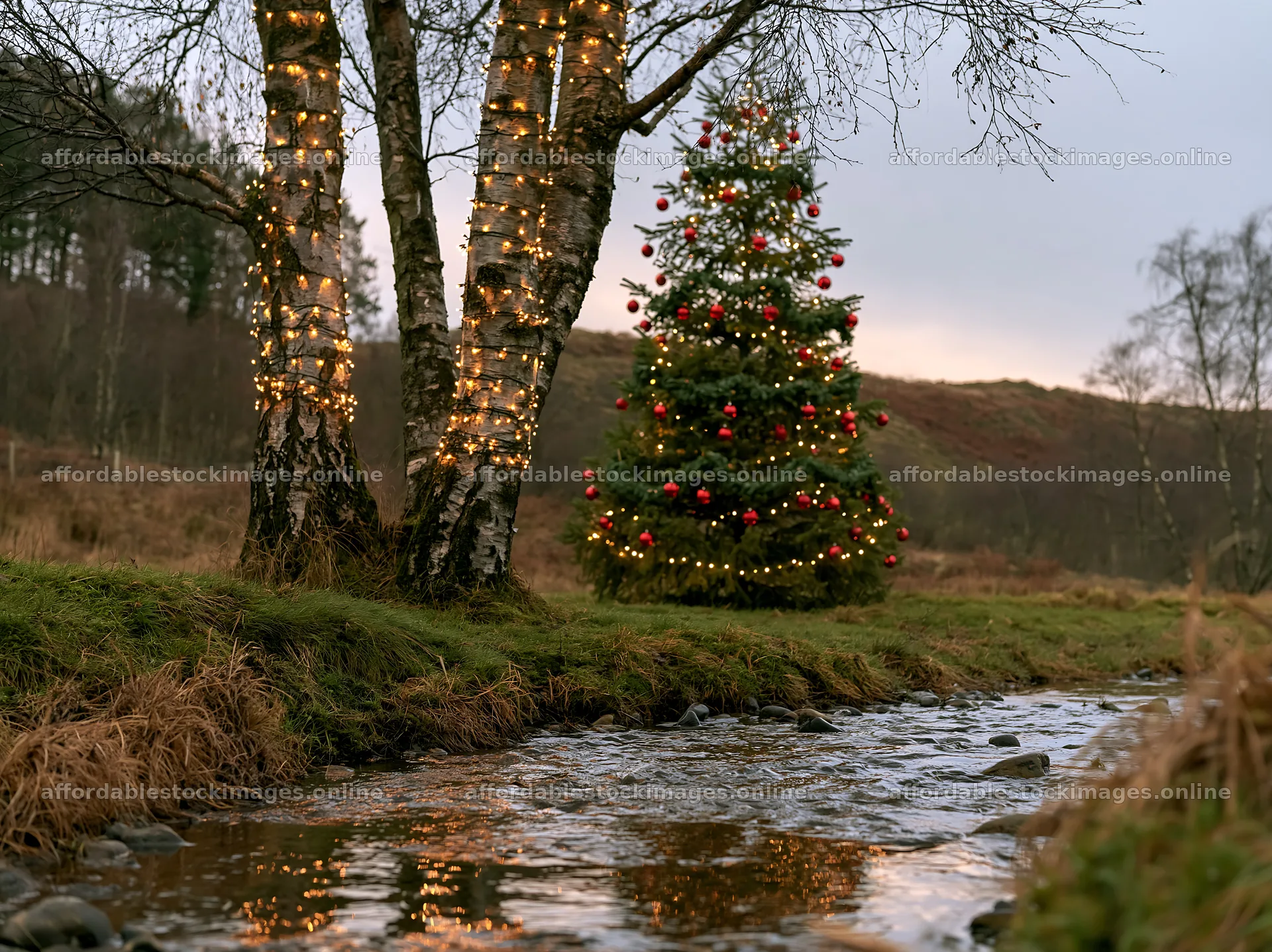 Christmas tree beside stream in meadow during winter – stock images 9174x6866