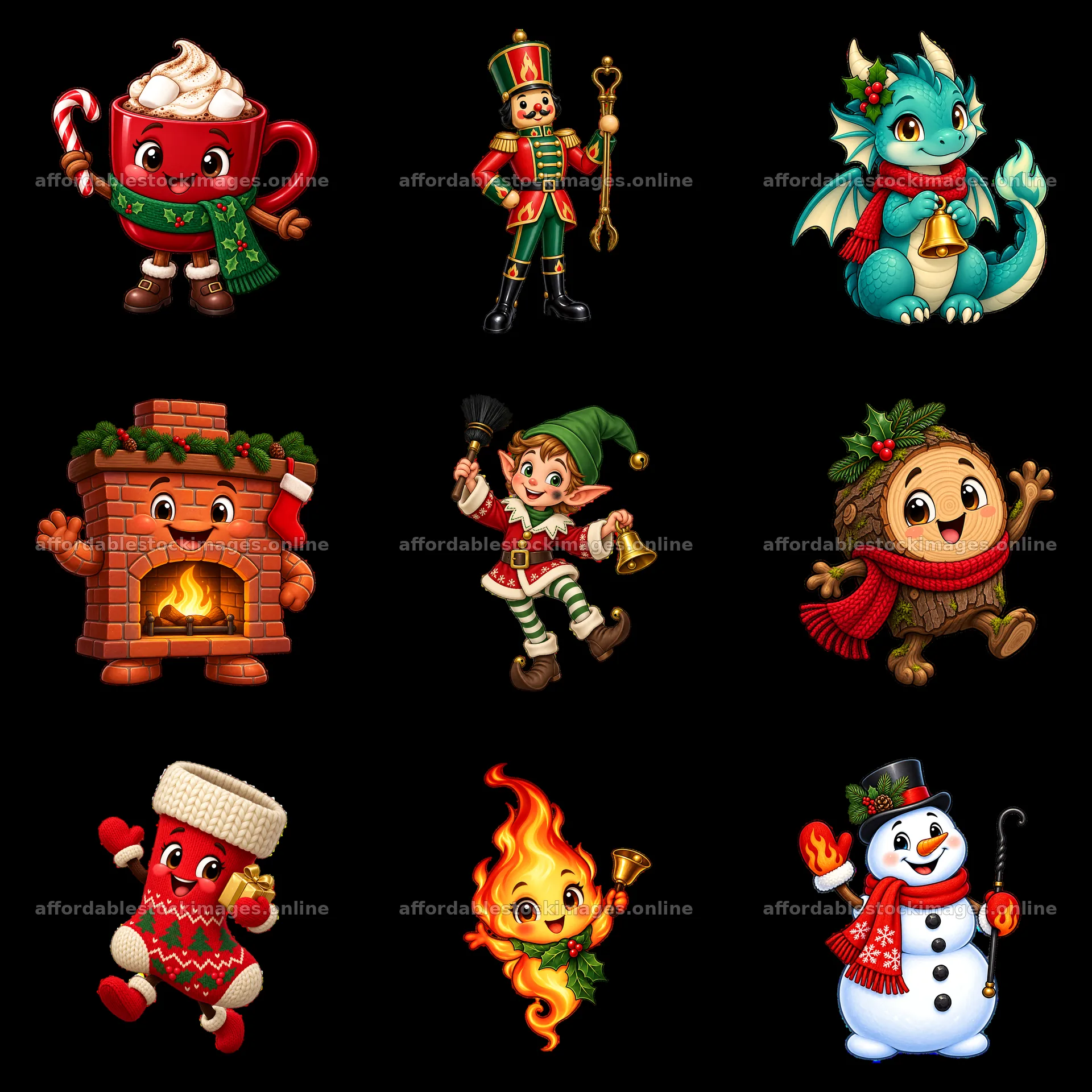 Nine cartoon figure stickers in a square arrangement – stock images 7746x7746