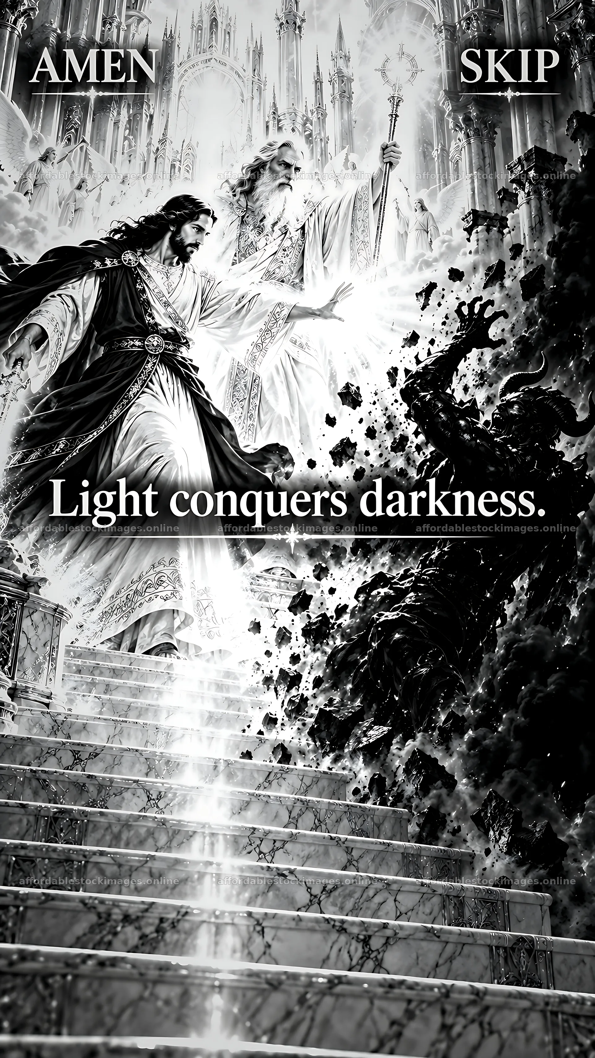 Jesus Christ overcoming darkness with divine light – stock images 5954x10580