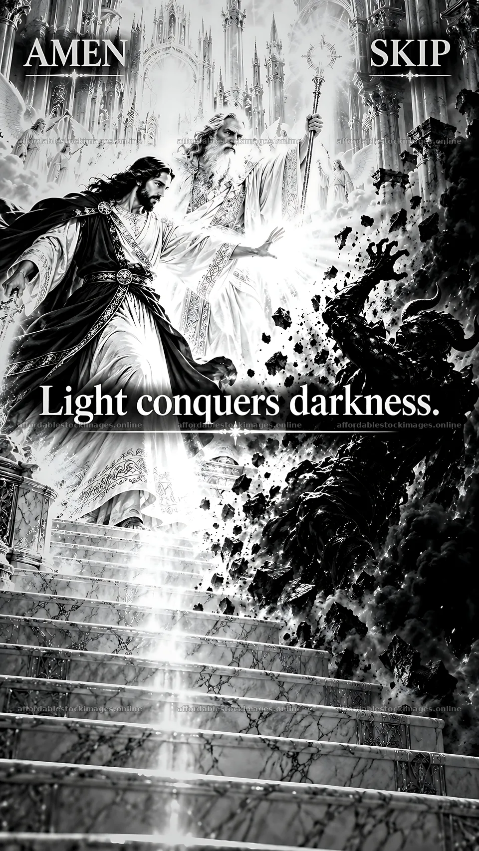 Jesus Christ overcoming darkness with divine light – stock images 5954x10580