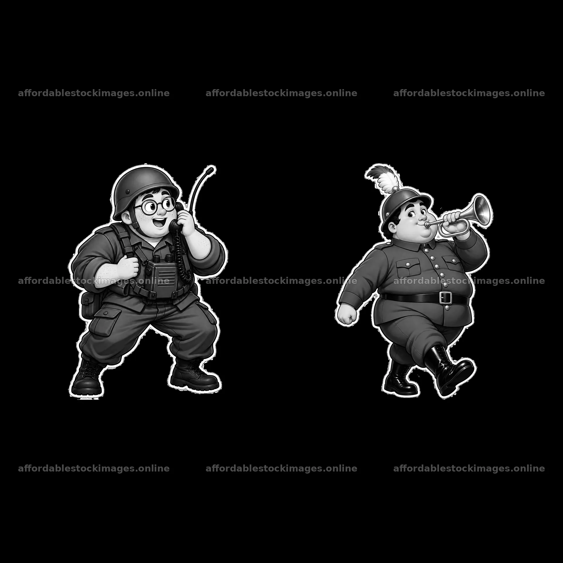 Cute ultra-chubby soldier characters with accessories and poses – stock images 7746x7746