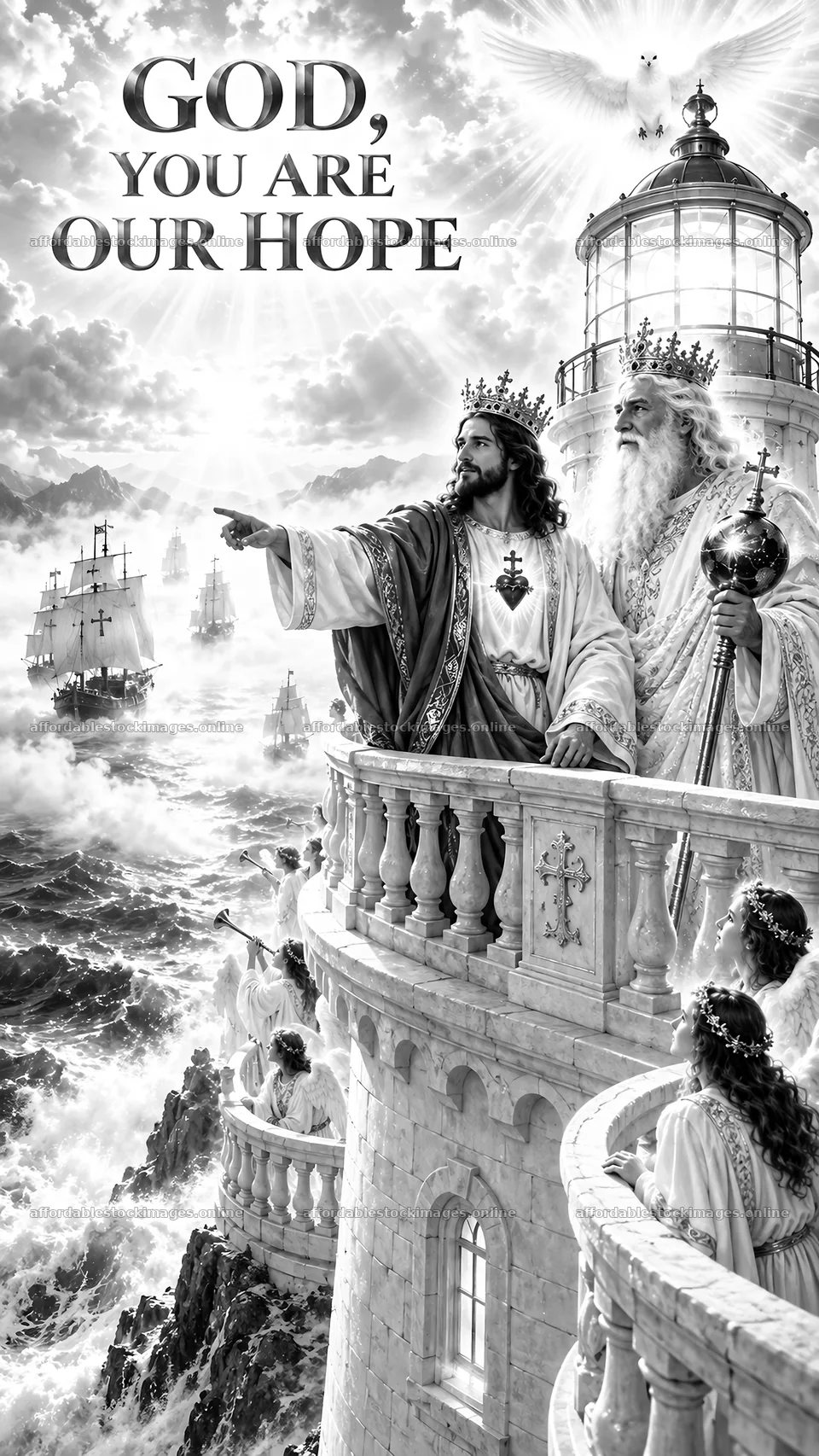 Jesus Christ offers hope and guidance from a lighthouse – stock images 5811x10326