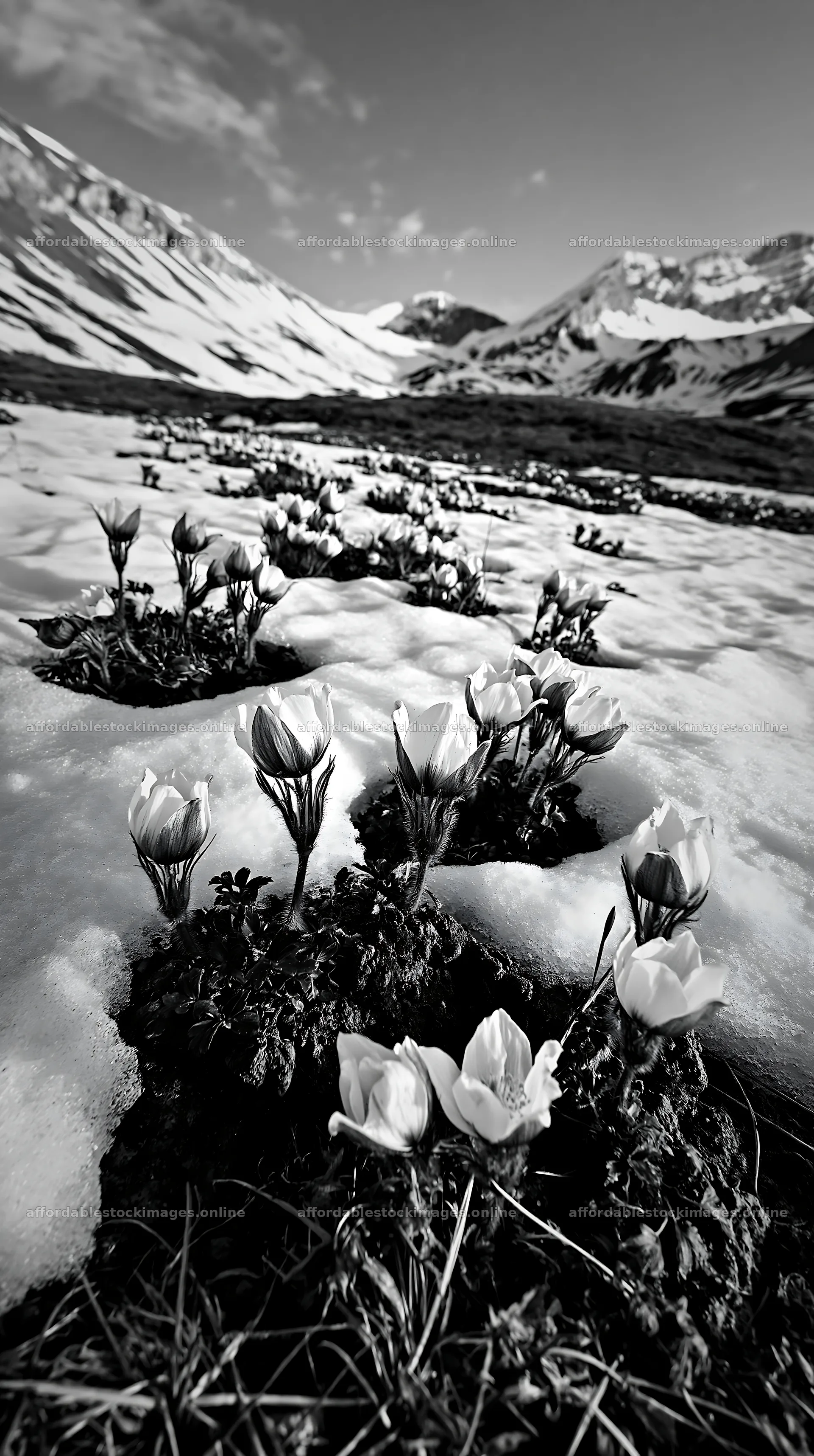 Snowy highland meadow with blooming flowers and mountain – stock images 5938x10608