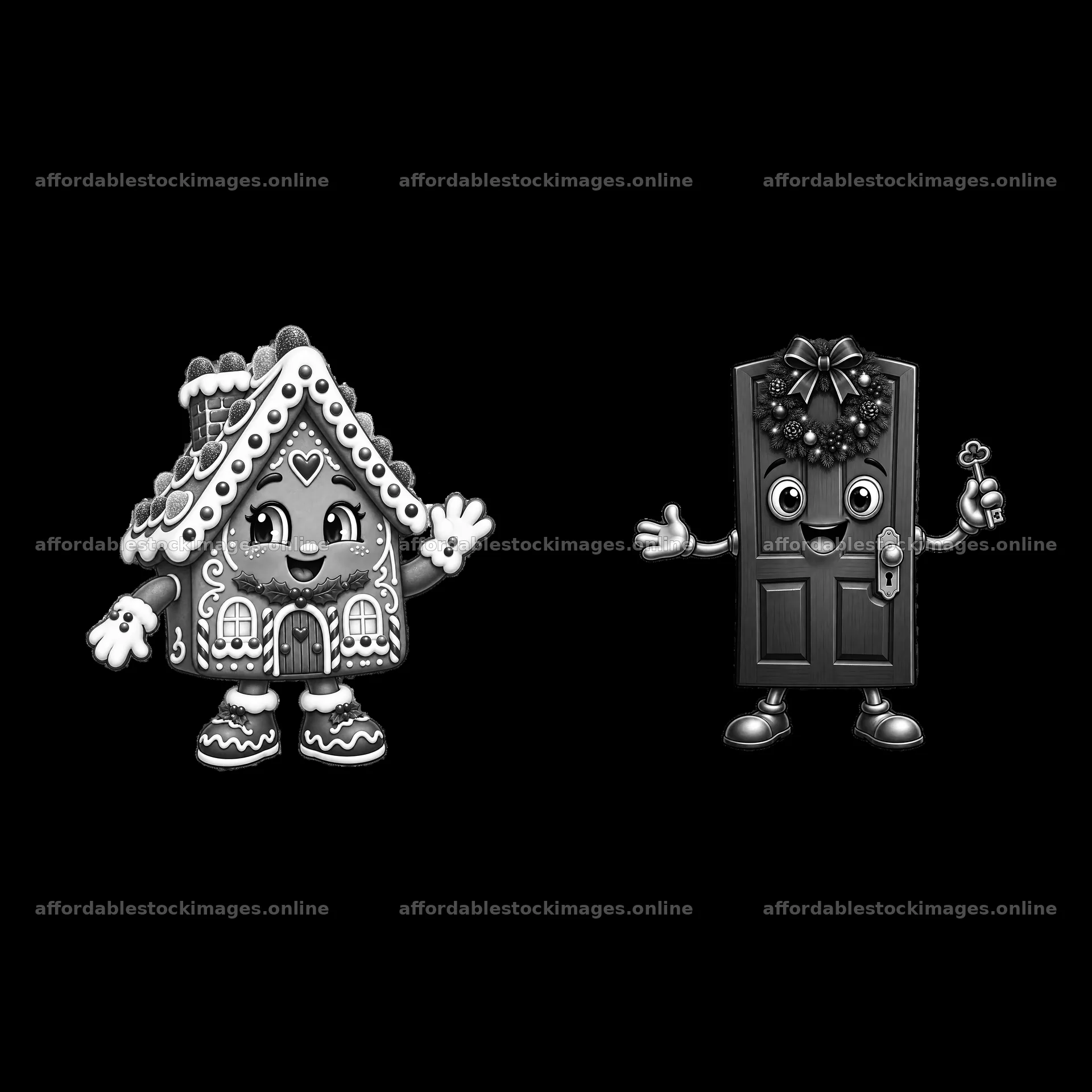 Cartoon gingerbread house and festive door character – stock images 7746x7746