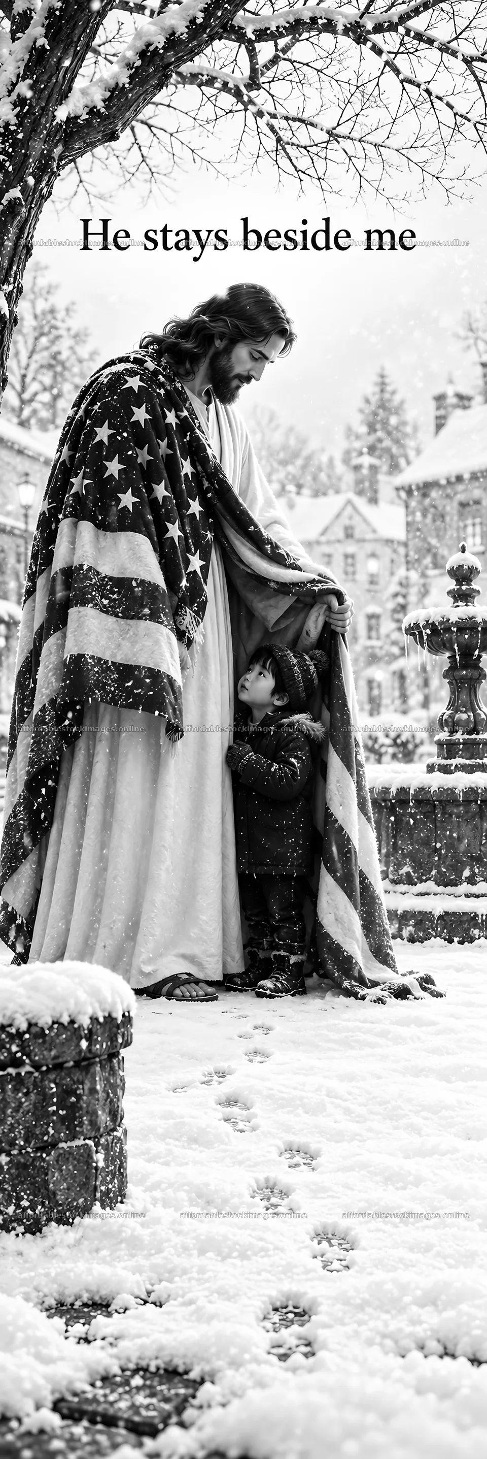 Jesus Christ comforts a child under a blanket in the snow – stock images 4478x13401
