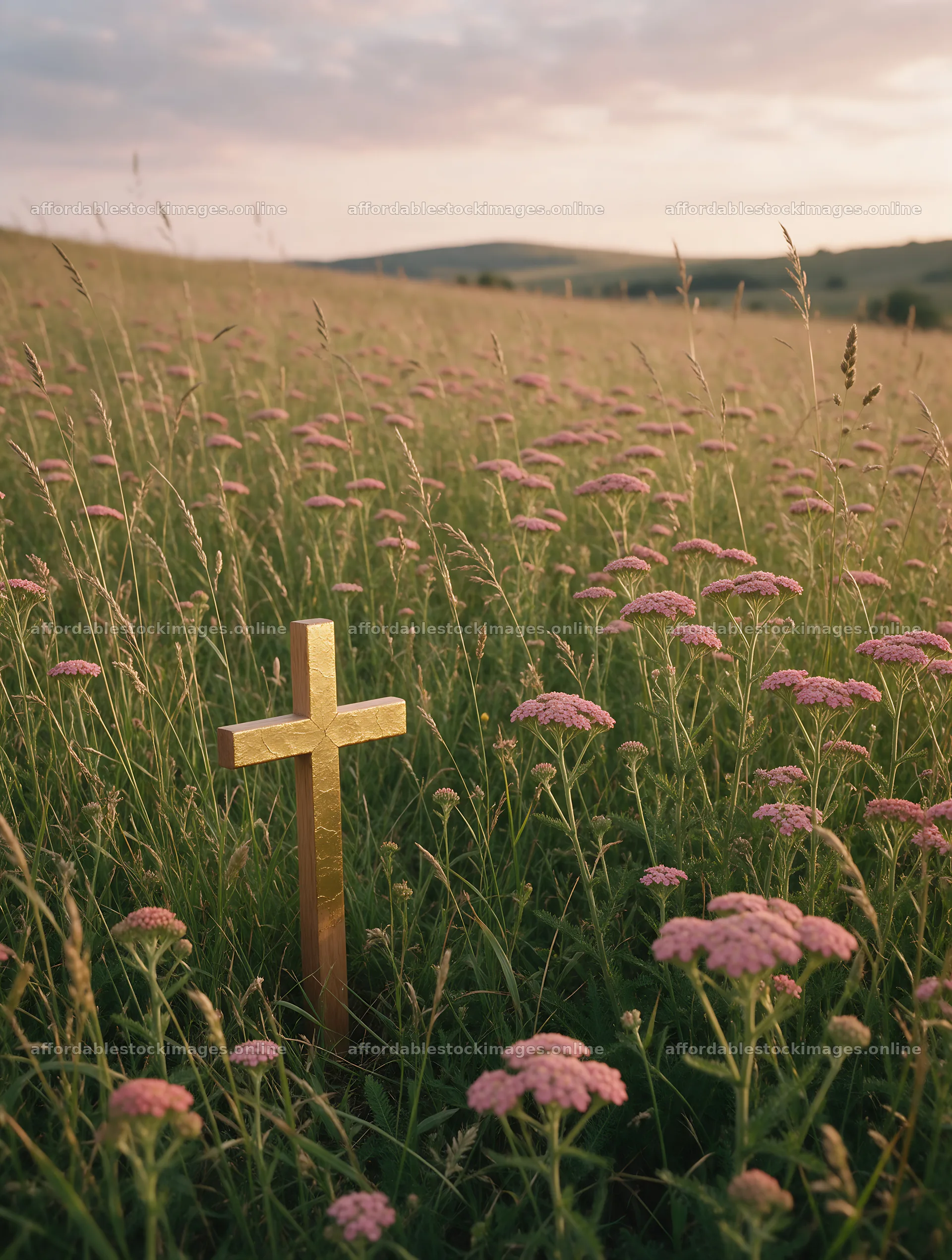 Golden Christian cross in sunset meadow with flowers – stock images 6898x9134