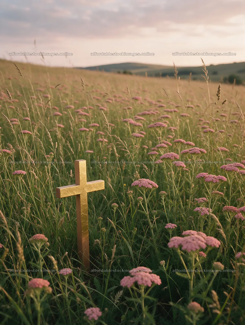 Golden Christian cross in sunset meadow with flowers – stock images 6898x9134