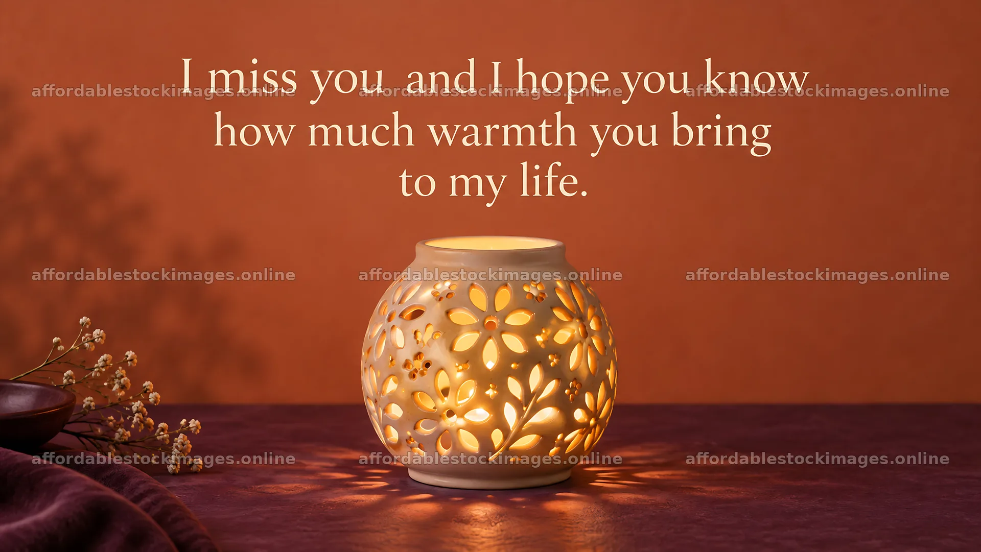 I Miss You Greeting with a Glowing Floral Lantern – stock images 10324x5812