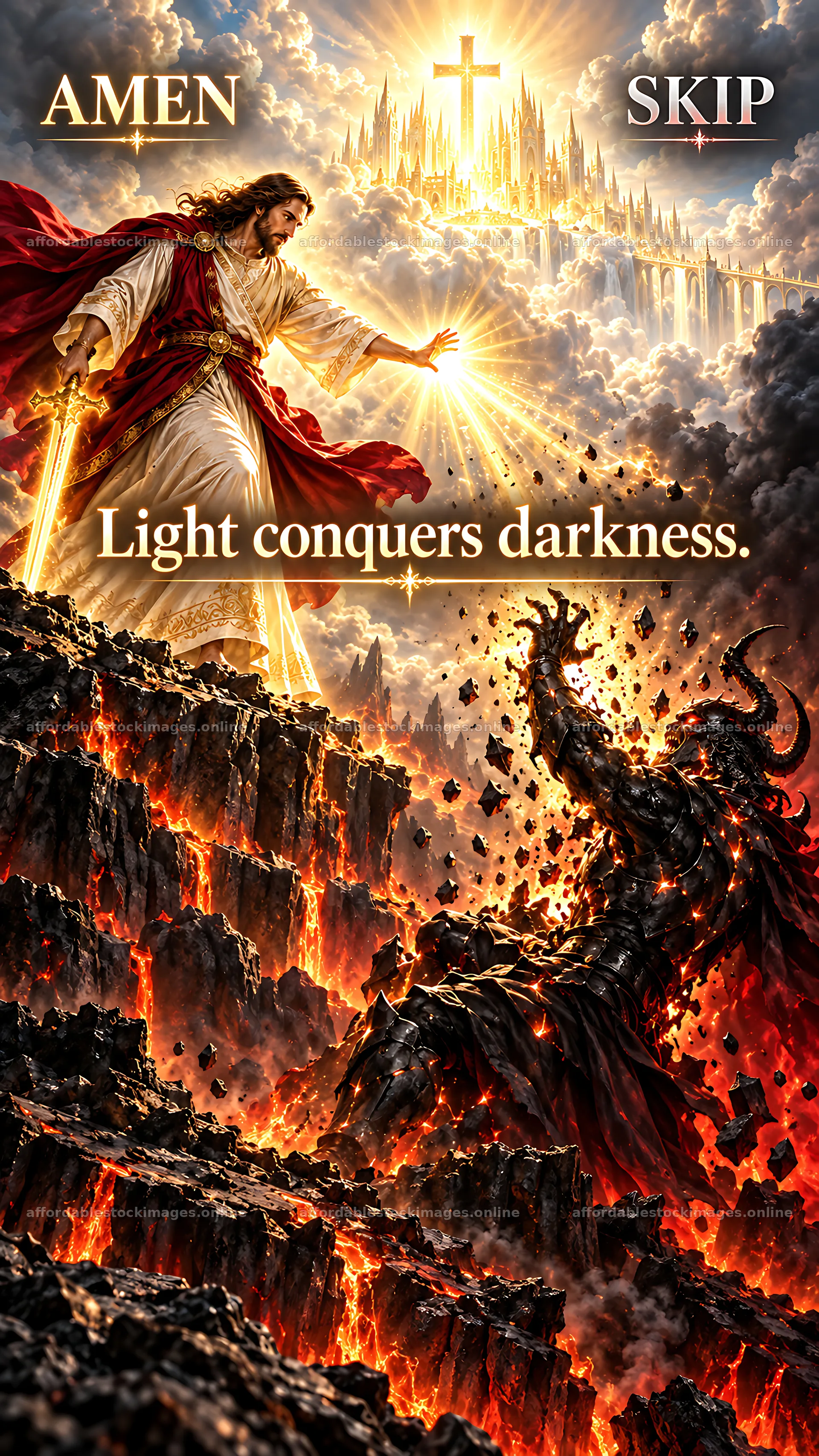 Jesus Christ conquers darkness with light – stock images 5954x10580