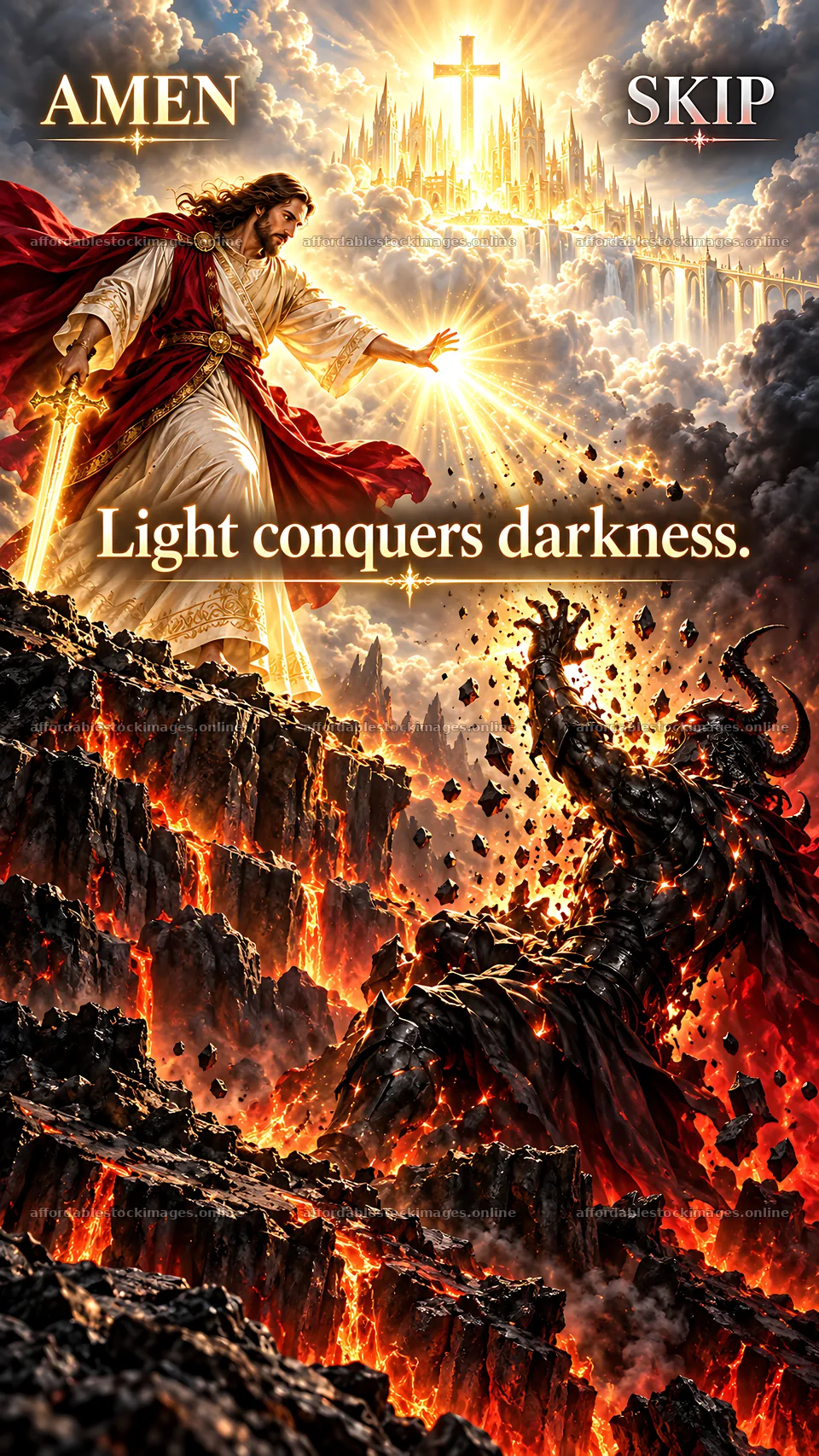Jesus Christ conquers darkness with light – stock images 5954x10580