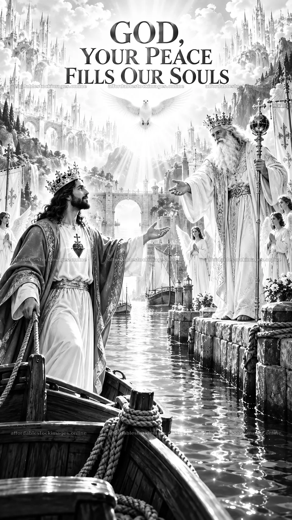 Jesus Christ welcomes God in a peaceful scene by the water – stock images 5811x10326