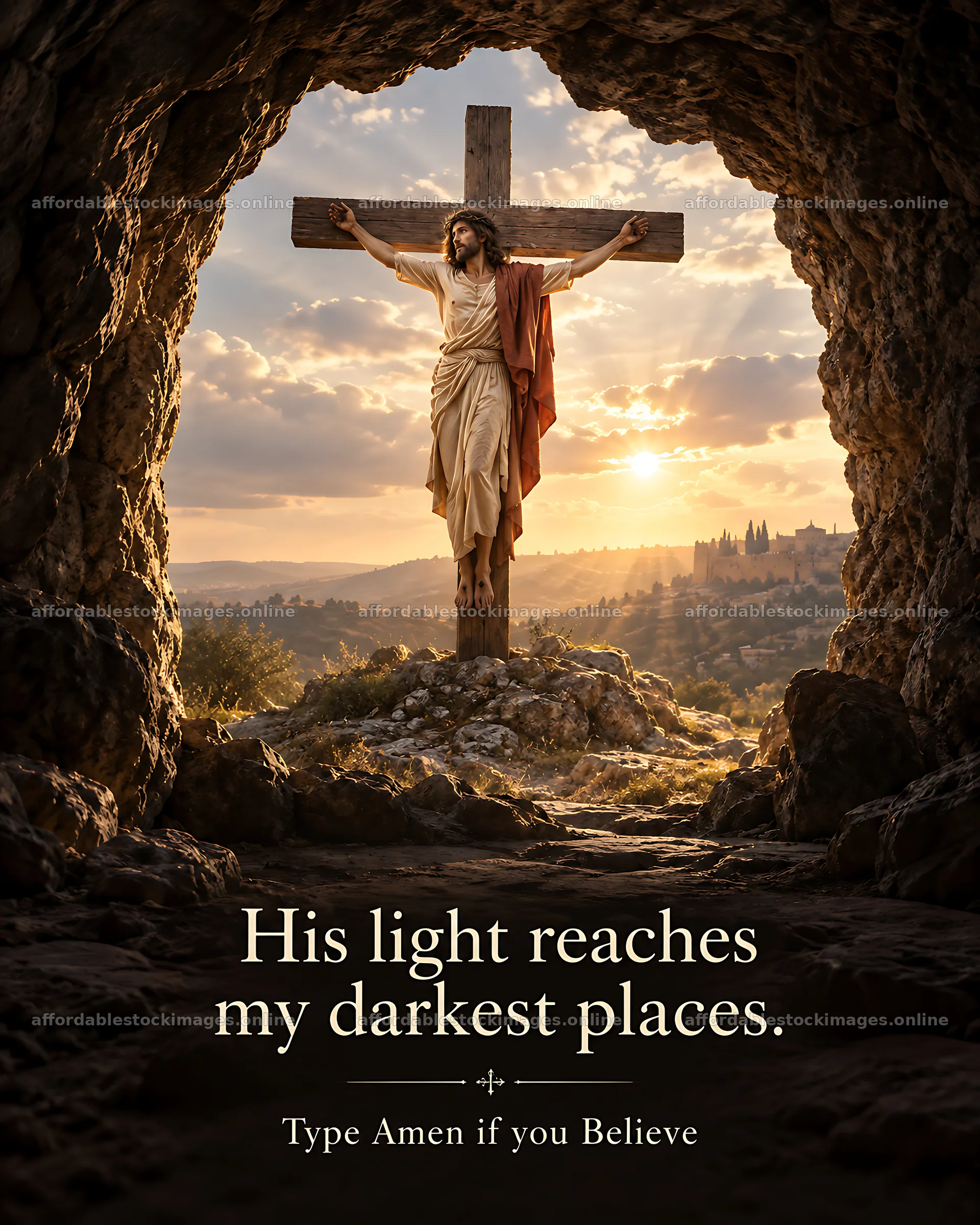 Light shines through cave entrance with cross in view – stock images 7100x8872