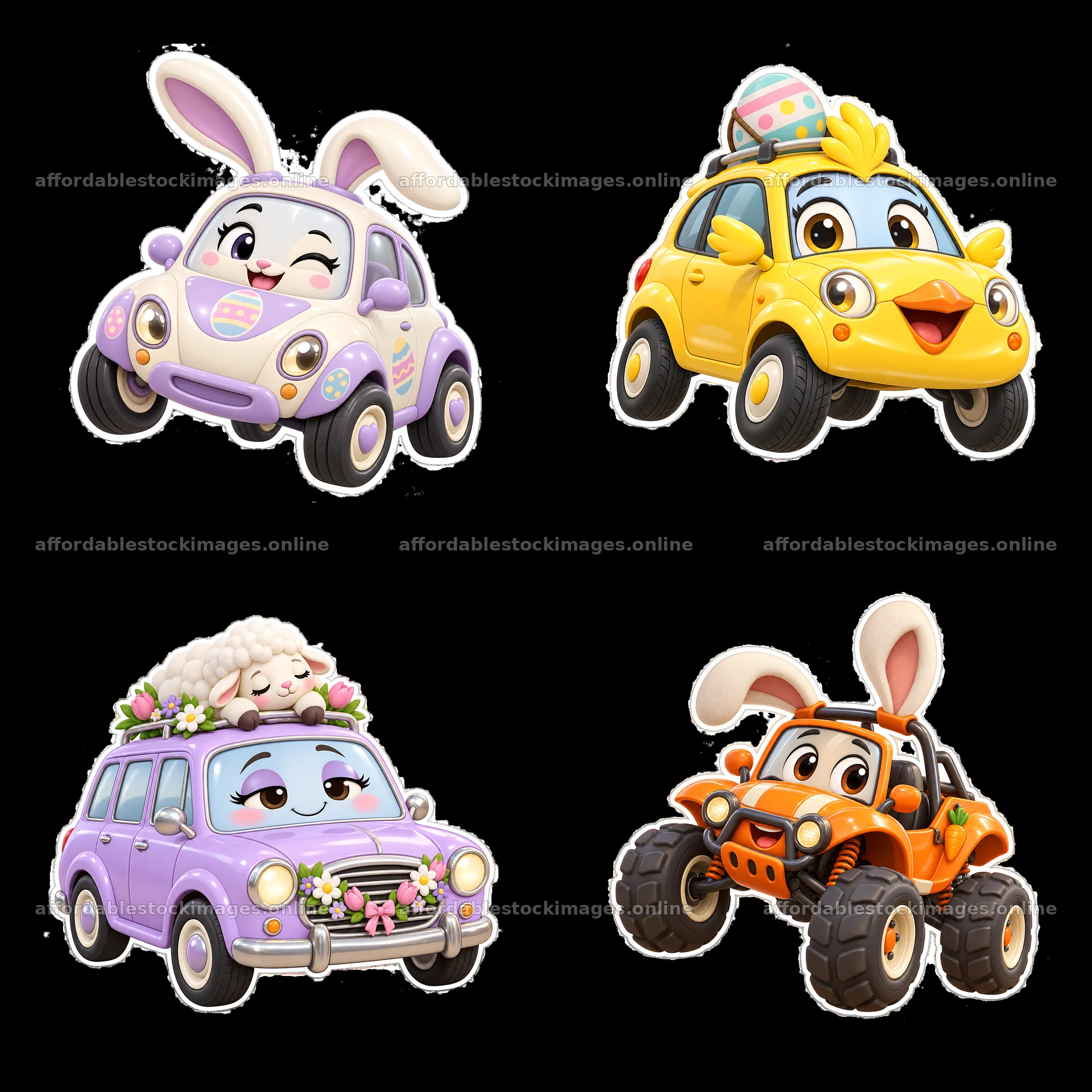 Easter cartoon cars with bunny and chick characters – stock images 7746x7746