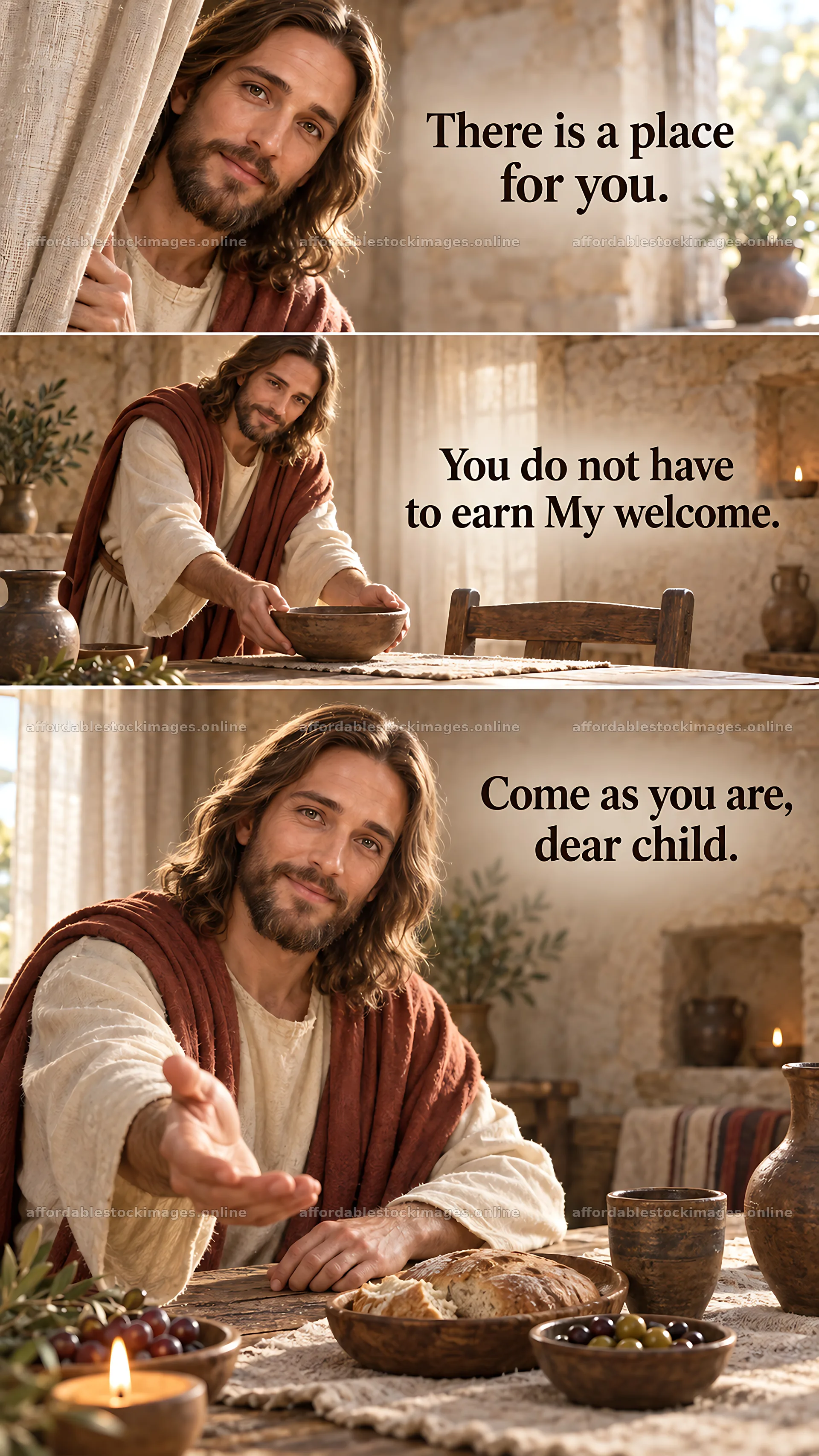 Jesus Christ inviting a child at a table – stock images 5811x10326